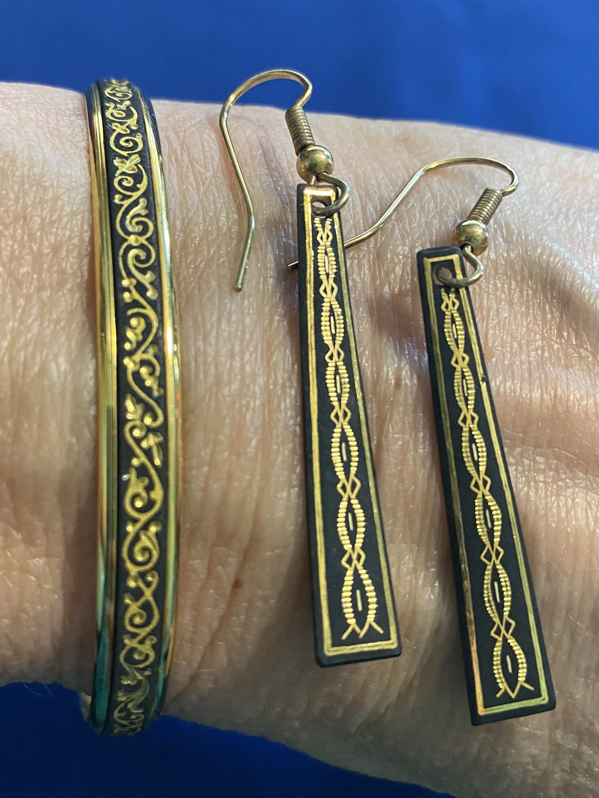Toledo damascene 24kt gold inlay bracelet and earring set