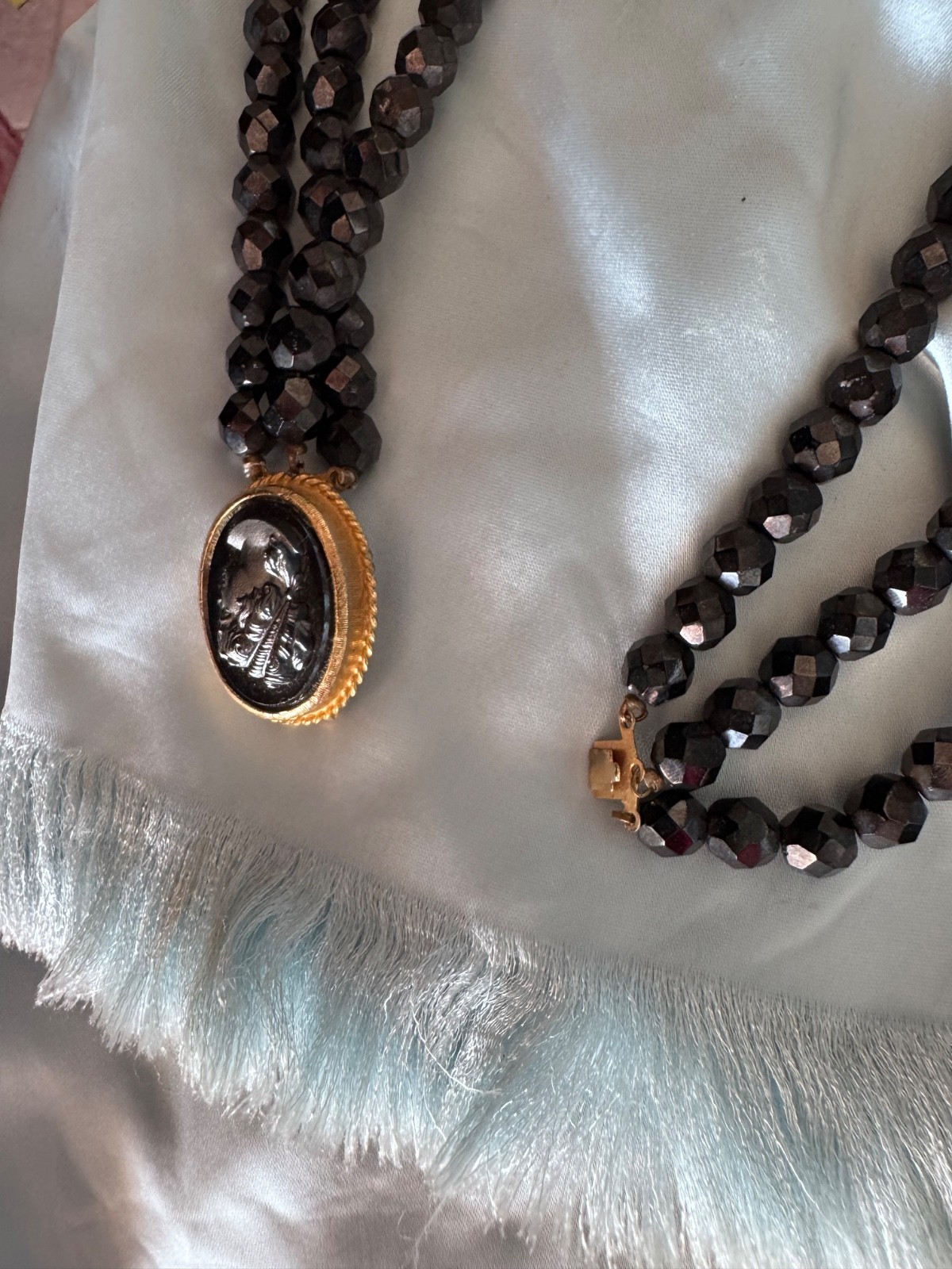 Vintage Necklace THREE STRAND FACETED CRYSTAL BEADS AND HEMATITE OVAL CAMEO 22″
