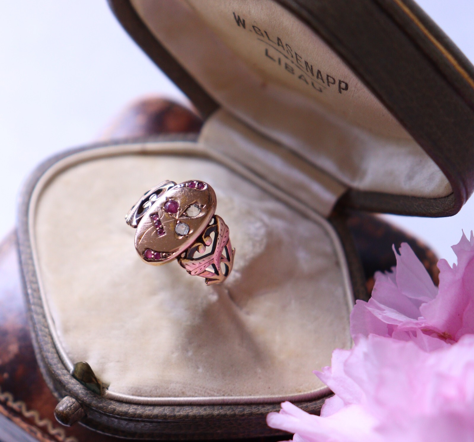 Antique Vintage 14k Rose Gold Ring Rose Cut Diamonds Ruby and Simili NO TARIFF