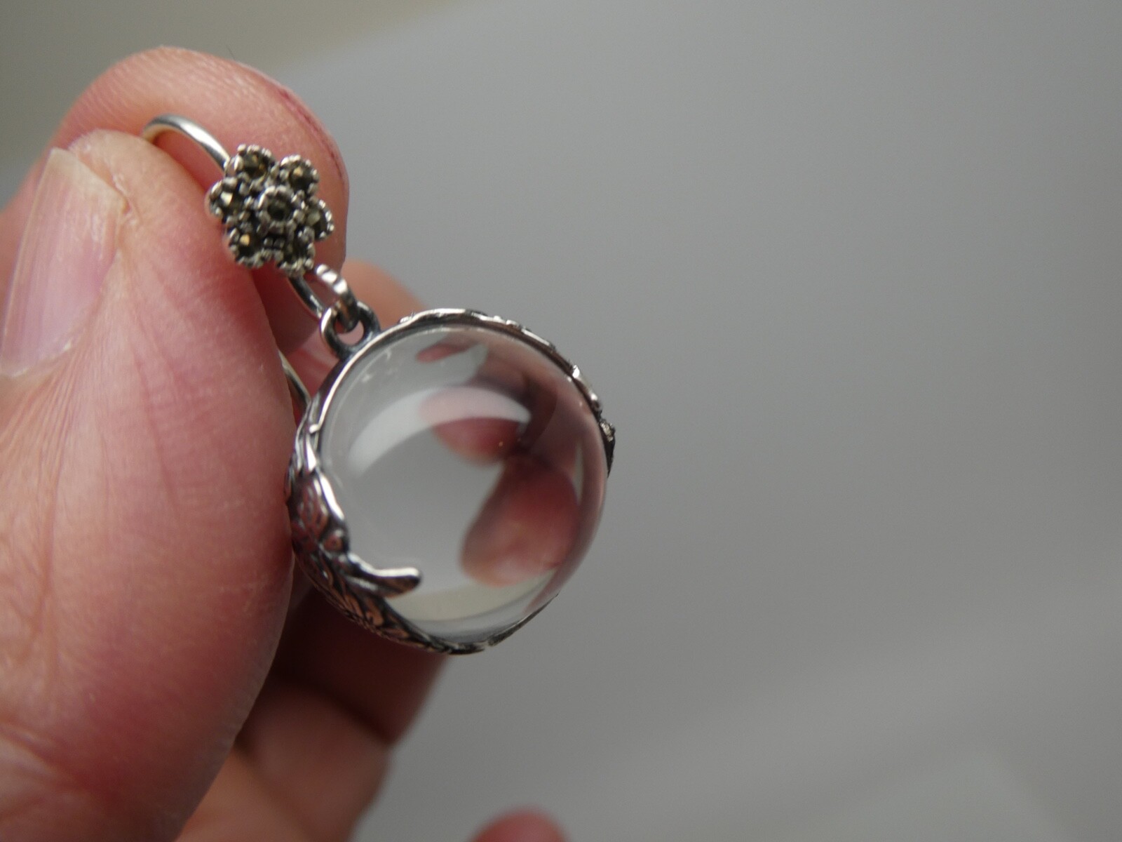 Genuine Pool Of Light Sterling Silver 925 Floral Orb Marcasite Dangle Earrings