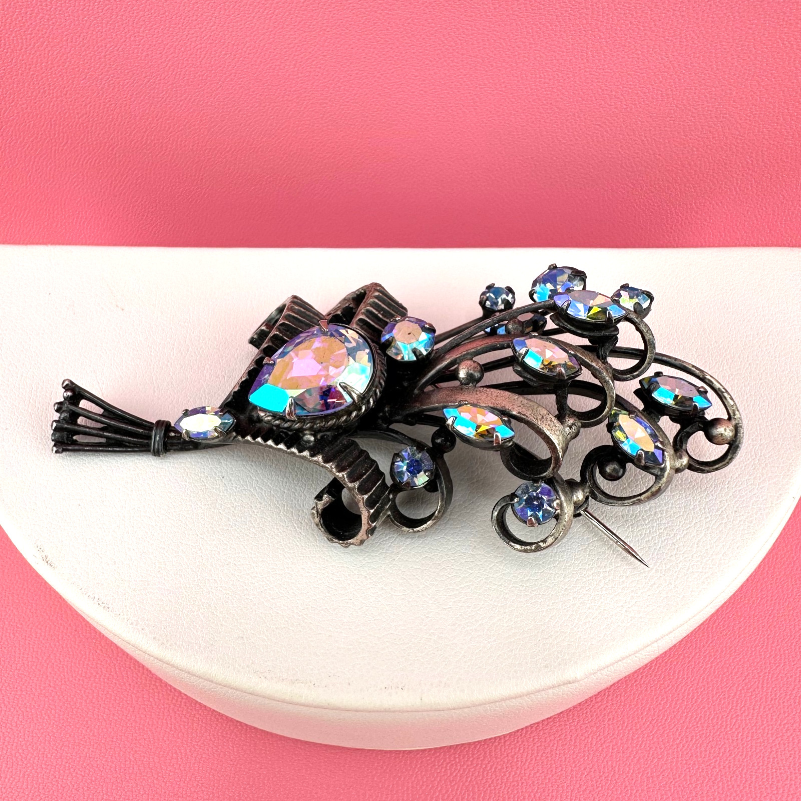 Vintage Rhinestone Brooch Aqua Blue Aurora Borealis Floral Bouquet Pot Metal?