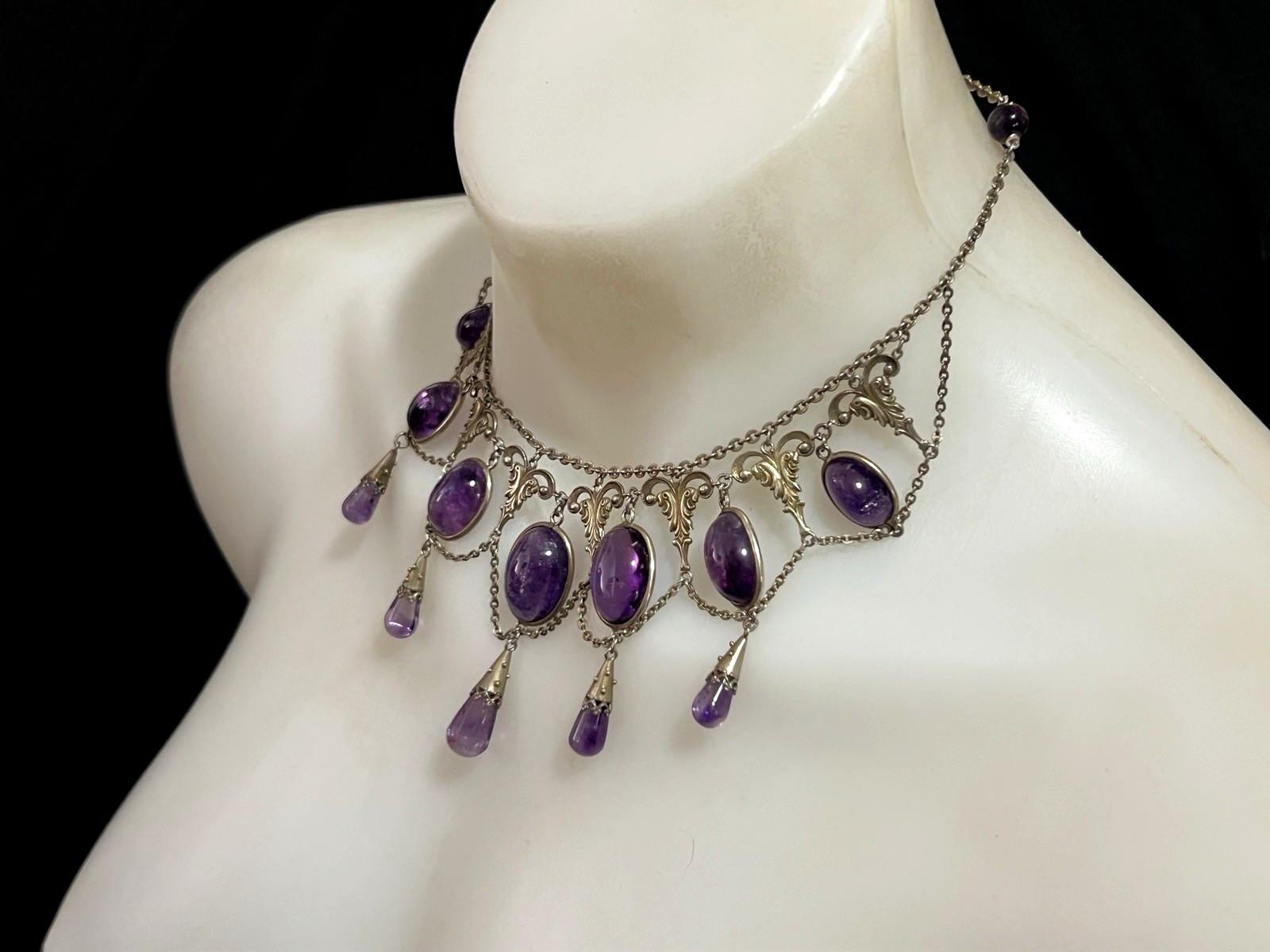 ANTIQUE VICTORIAN STERLING SILVER GILT LARGE AMETHYSTS NECKLACE CHOCKER