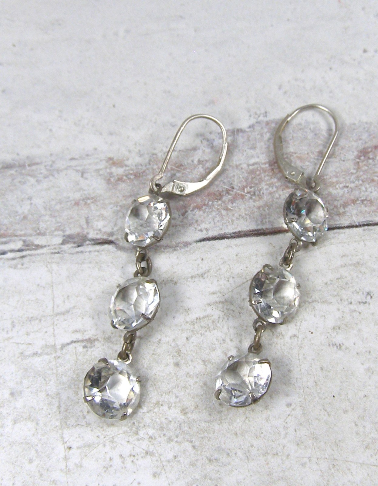 Vintage Sterling Silver Open Back Bezel Clear Crystal Dangle Linear Earrings