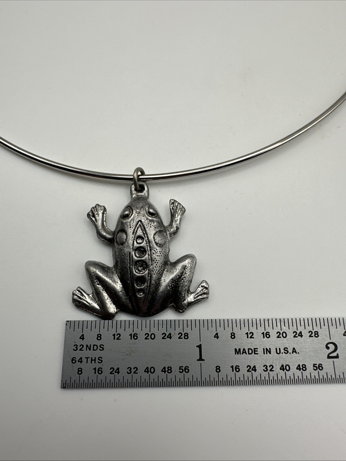 Vintage Signed Metzke Pewter Frog Pendant Necklace Choker Wire
