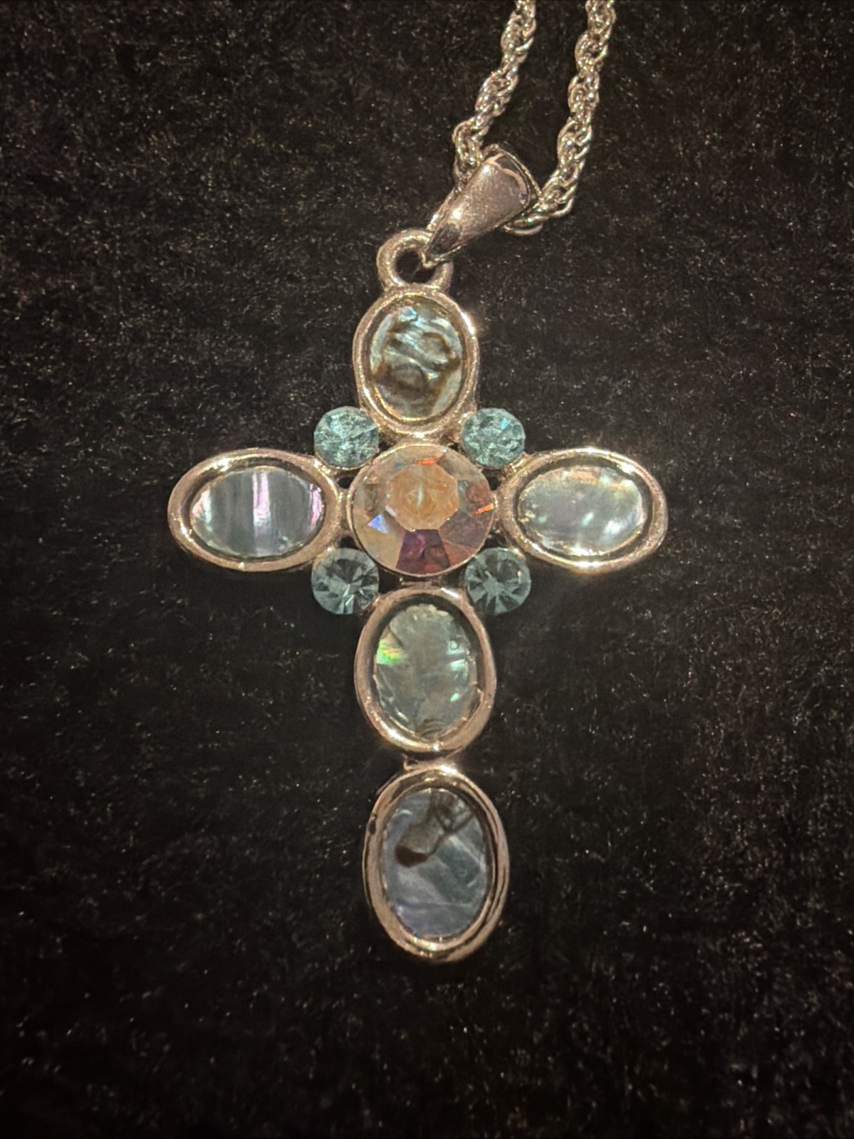 Vintage Cookie Lee Aqua Jeweled Pendant Cross Nickel Free