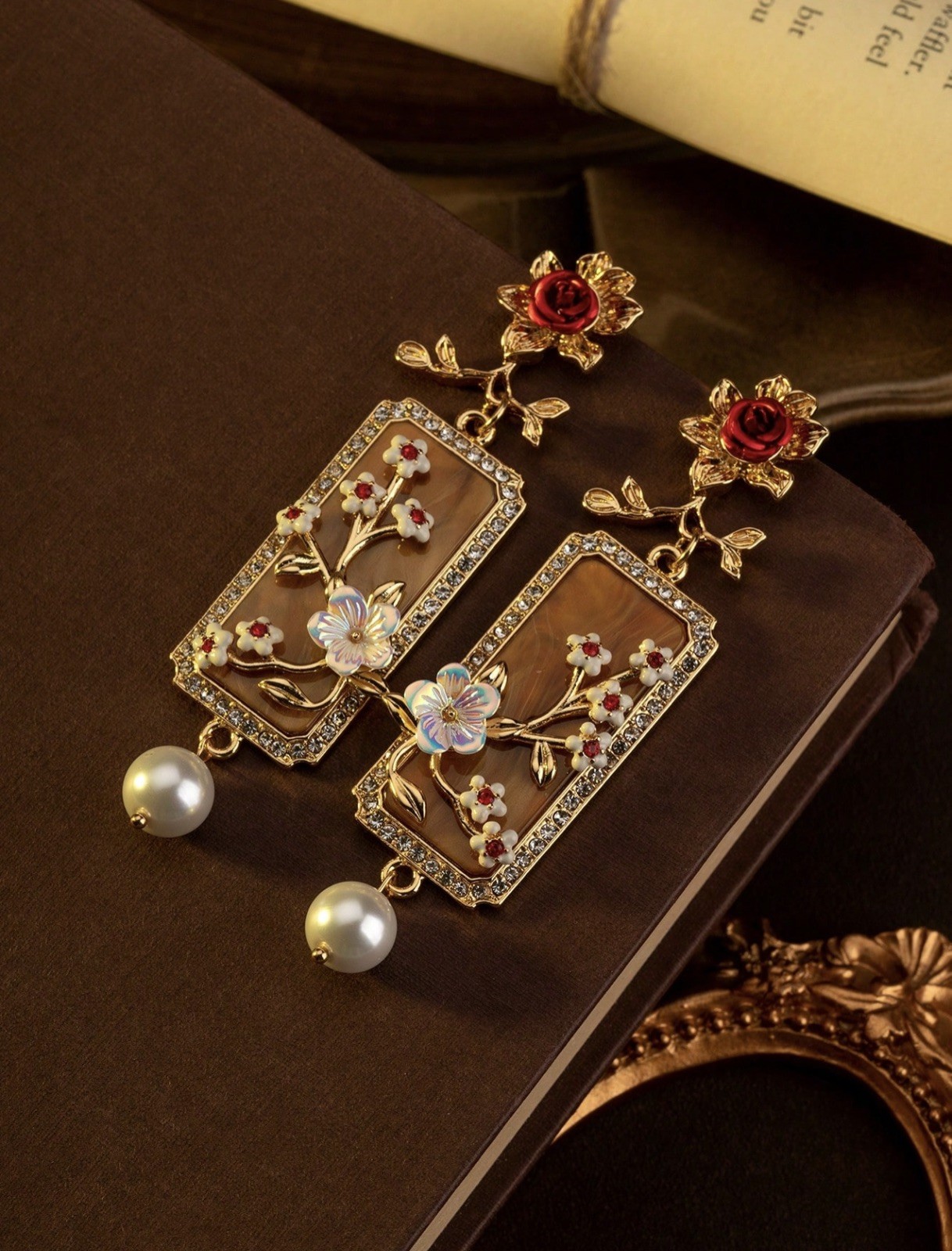Vintage Floral Drop Earrings Red Rose Pearl Dangle Elegant Art Deco