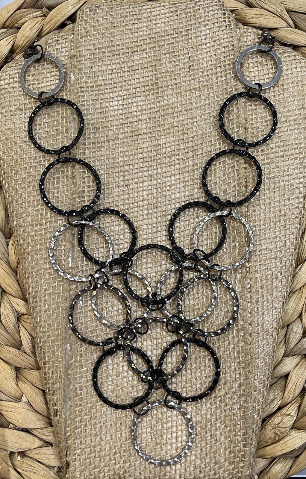 Modernist Hammered Circle Collar Torque Necklace Black Silver Tone Waterfall