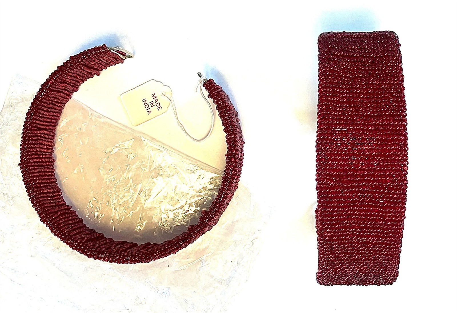 Vintage Hand Woven Ruby Red Glass Seed Bead Wired 1.5″ Collar Flex Choker 38