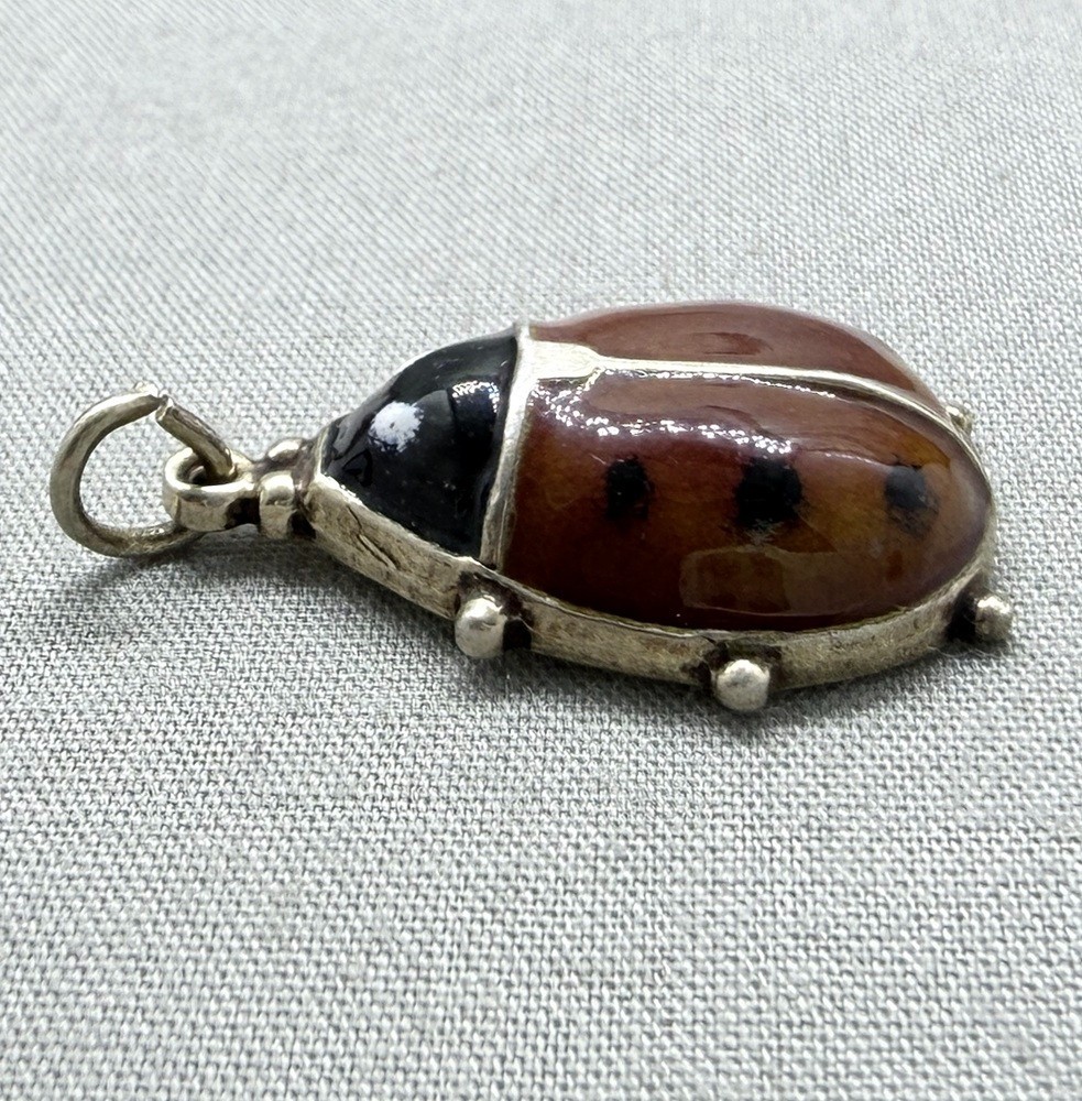Vintage Sterling Silver Enamel Ladybug Charm Good Luck Gilt Scandinavian Style