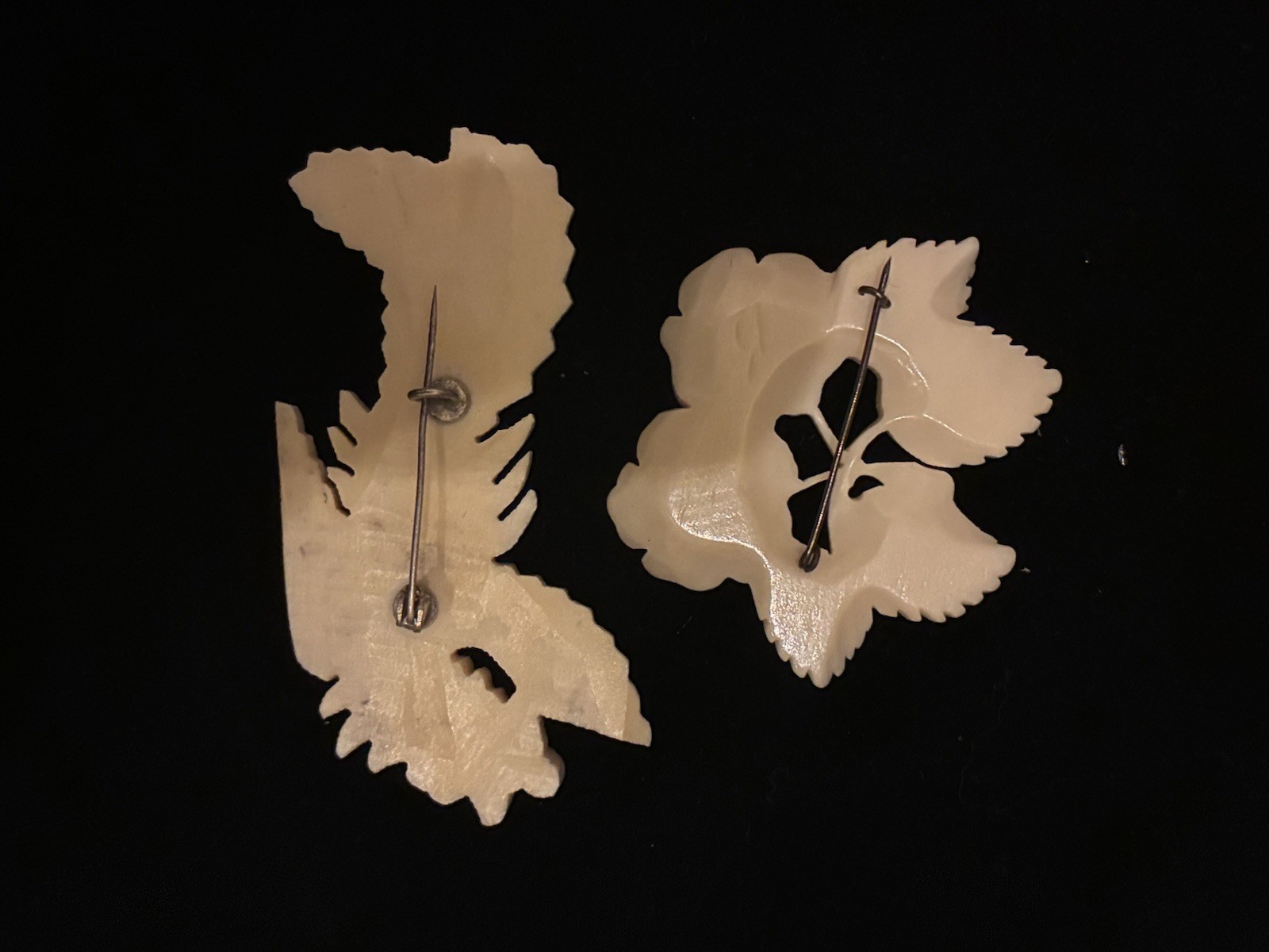 Antique Vintage Bone Brooch Chinese ? Japan? Carved Flower Bird