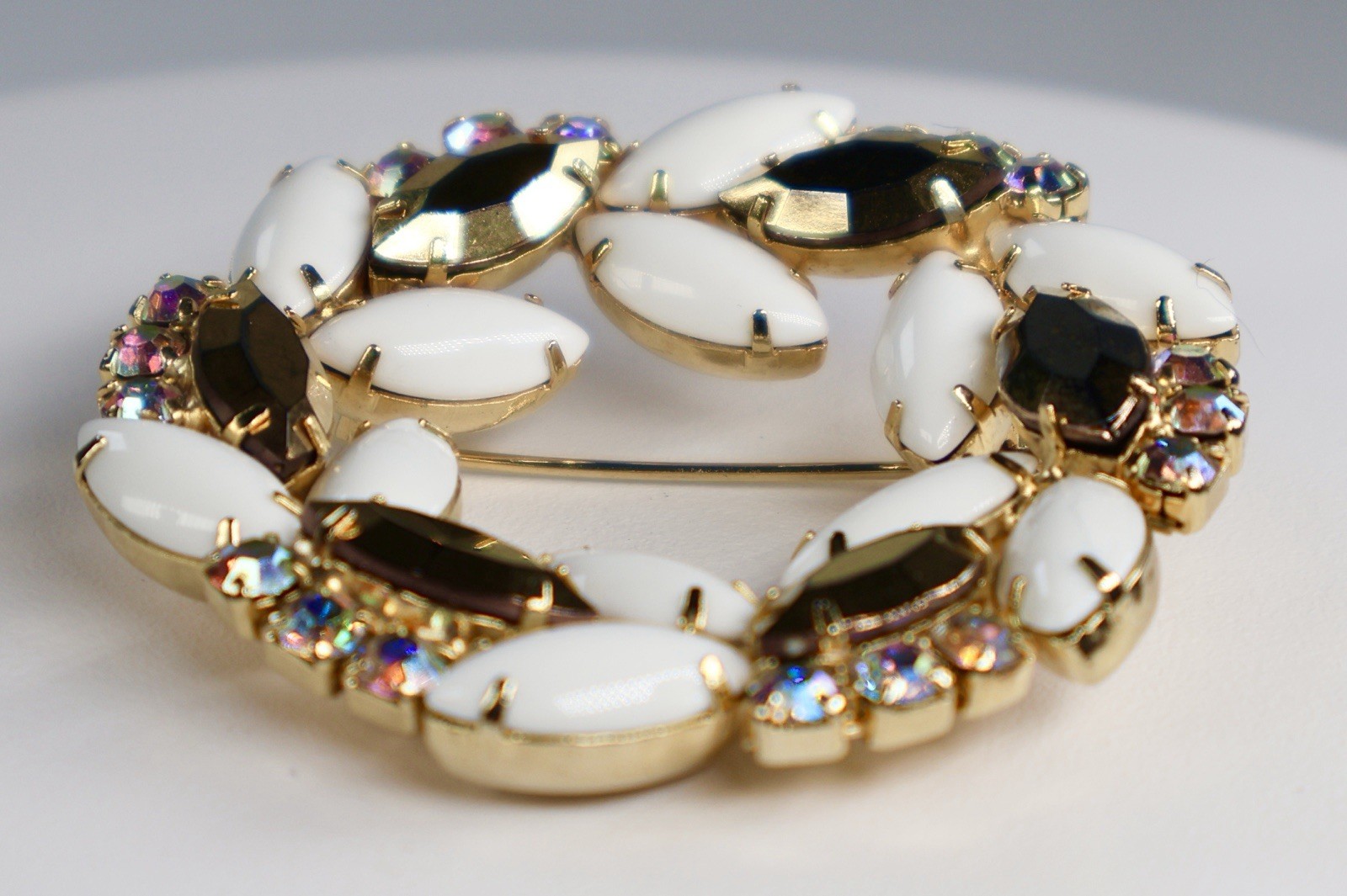 Vintage Rhinestone Wreath Brooch Milk Glass AB Stones Gold Navettes Gold Tone