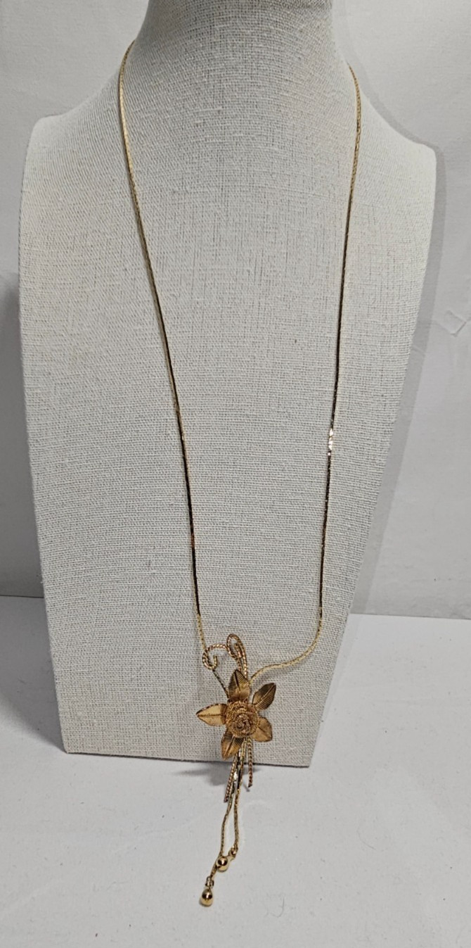 Vtg. Gold Tone Chain Flower Rose Lariat Bolo Pendant Slider Necklace 28″ Western