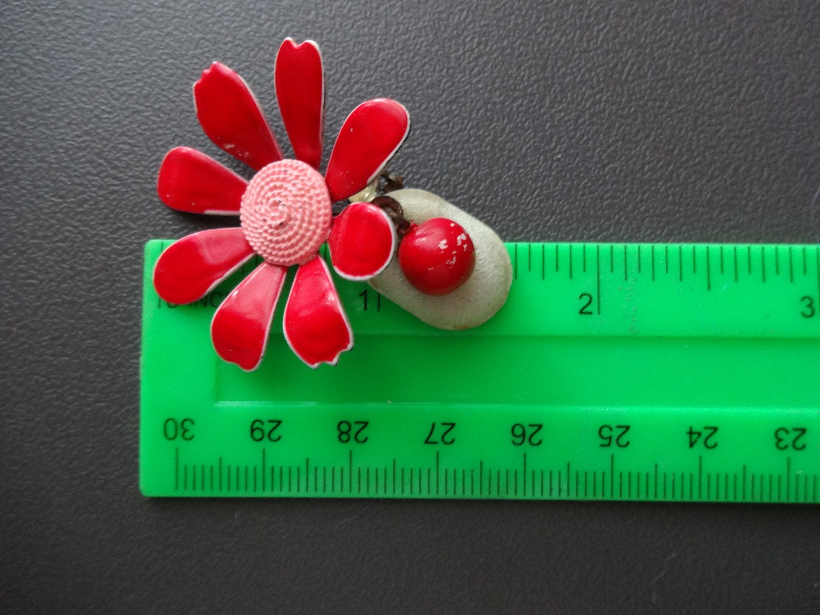 VTG Retro 60s Red Enamel Metal Brooch Pin Dangle Clip On Earrings Set Super RARE