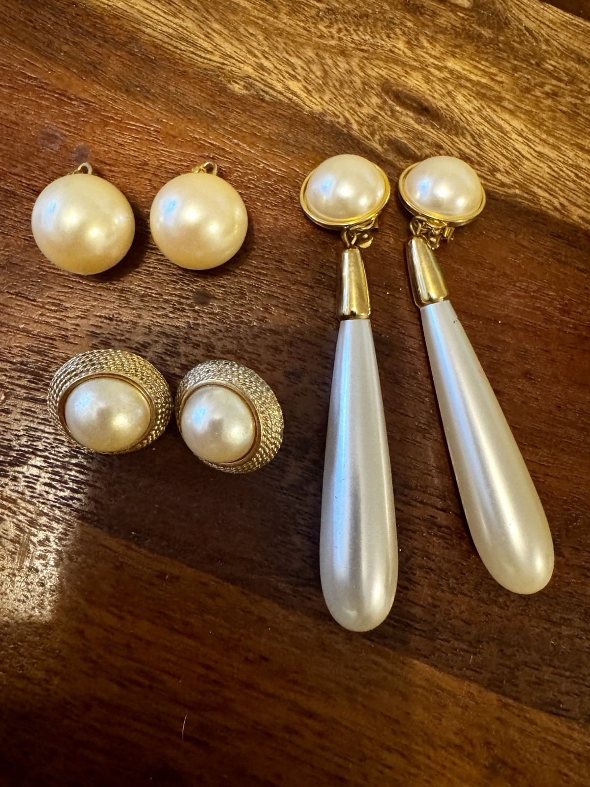 3 Pair Vintage 1980-1990s Clip On Earrings Gold Tone Faux Pearl