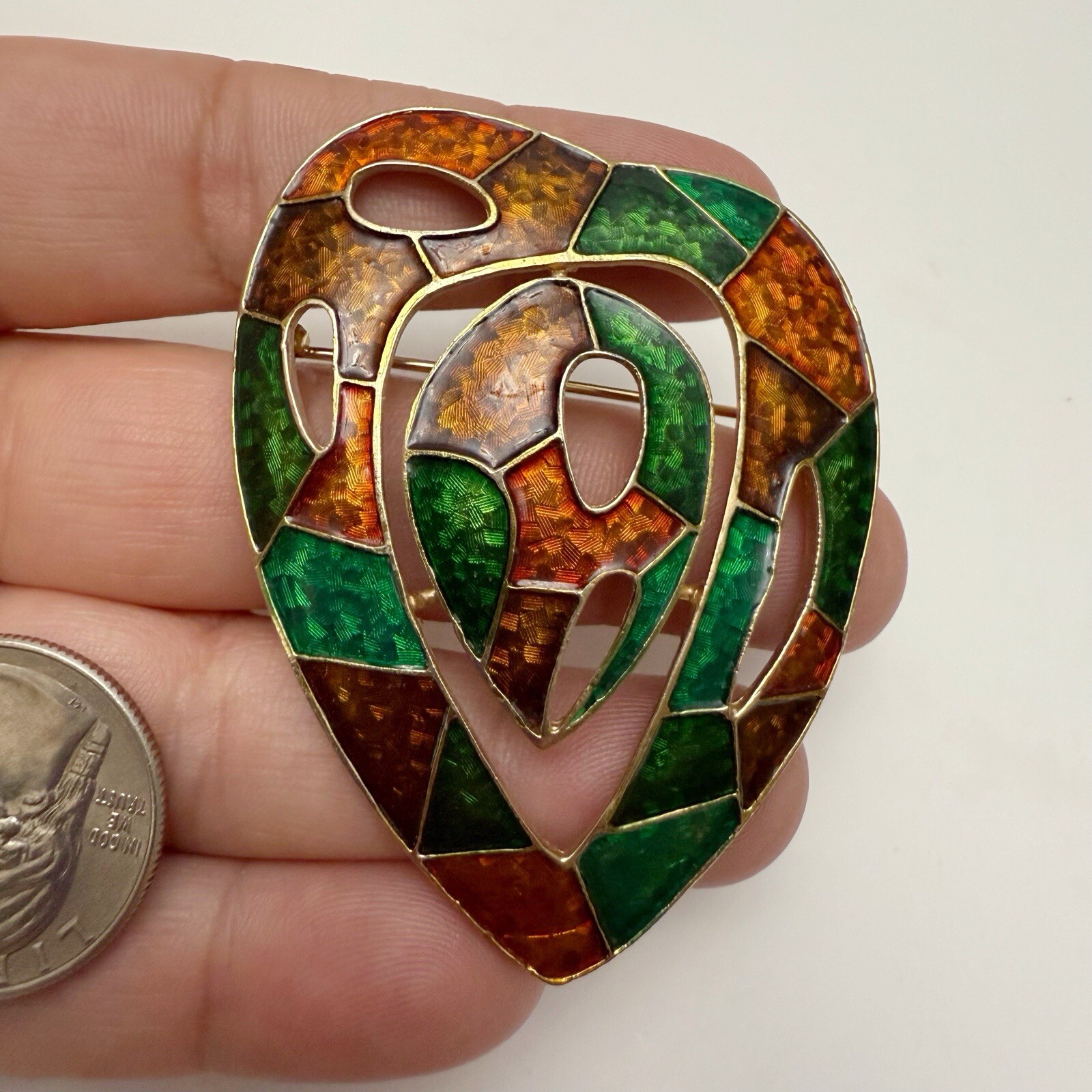 Vintage Retro Multicolor Enamel Stained Glass Style Sculptural Heart Brooch