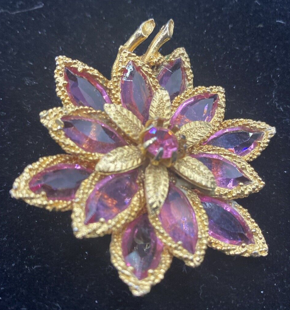 Vtg Flower Brooch Pin Gold Tone Filigree Layered Light Pink Crystals Barbiecore