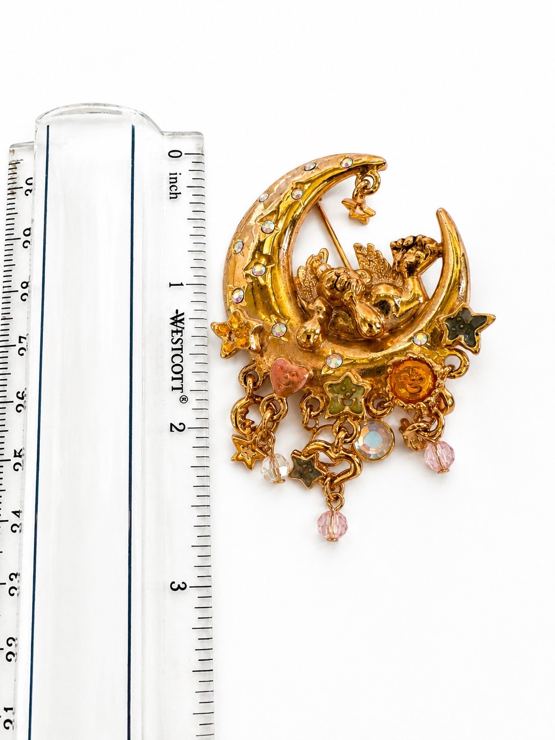 Vintage Kirks Folly Angel Cherub Moon & Stars Crystal Gold Tone Brooch Pin 2.5″