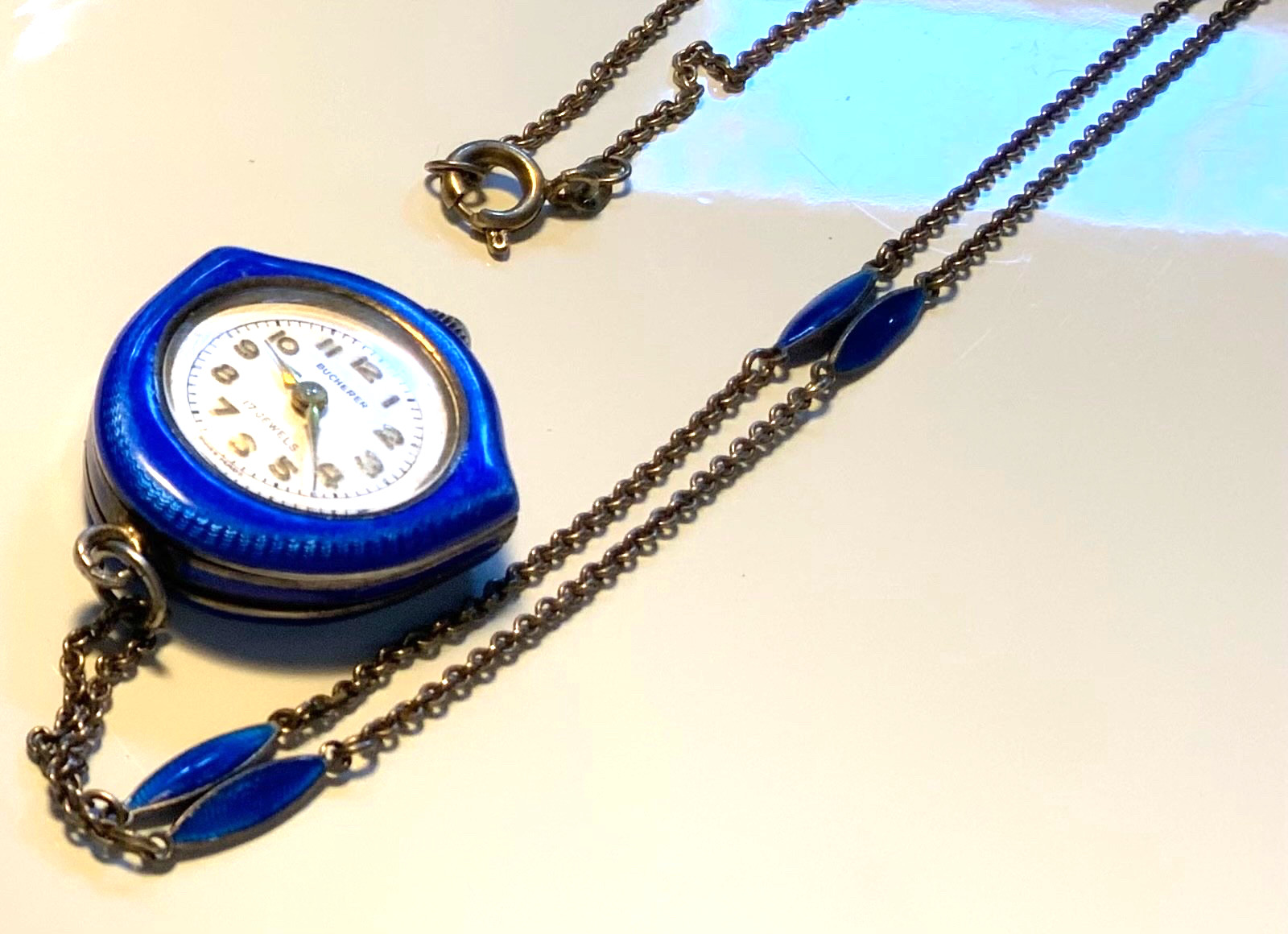 PRISTINE Enamel GUILLOCHE*925*BUCHERER*Pendant WATCH NECKLACE WORKS GREAT! MINT!