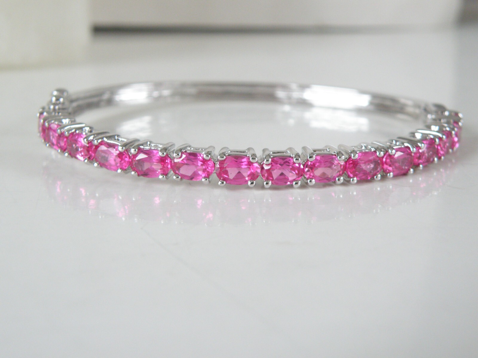 Vintage Sterling Silver 925 Lab Created Pink Sapphire Gemstone Bracelet 7.5″