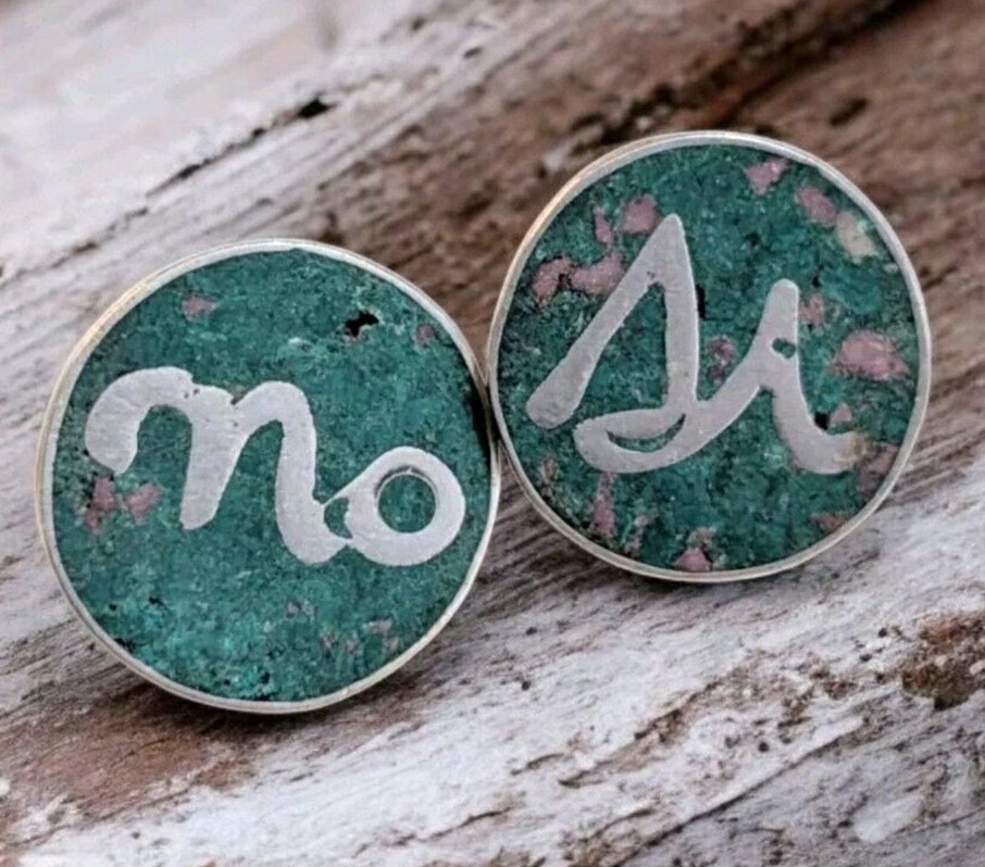 VTG 1940s 50s Sterling Silver 925 Mexico Earrings MALACHITE Spanish Si Yes & No