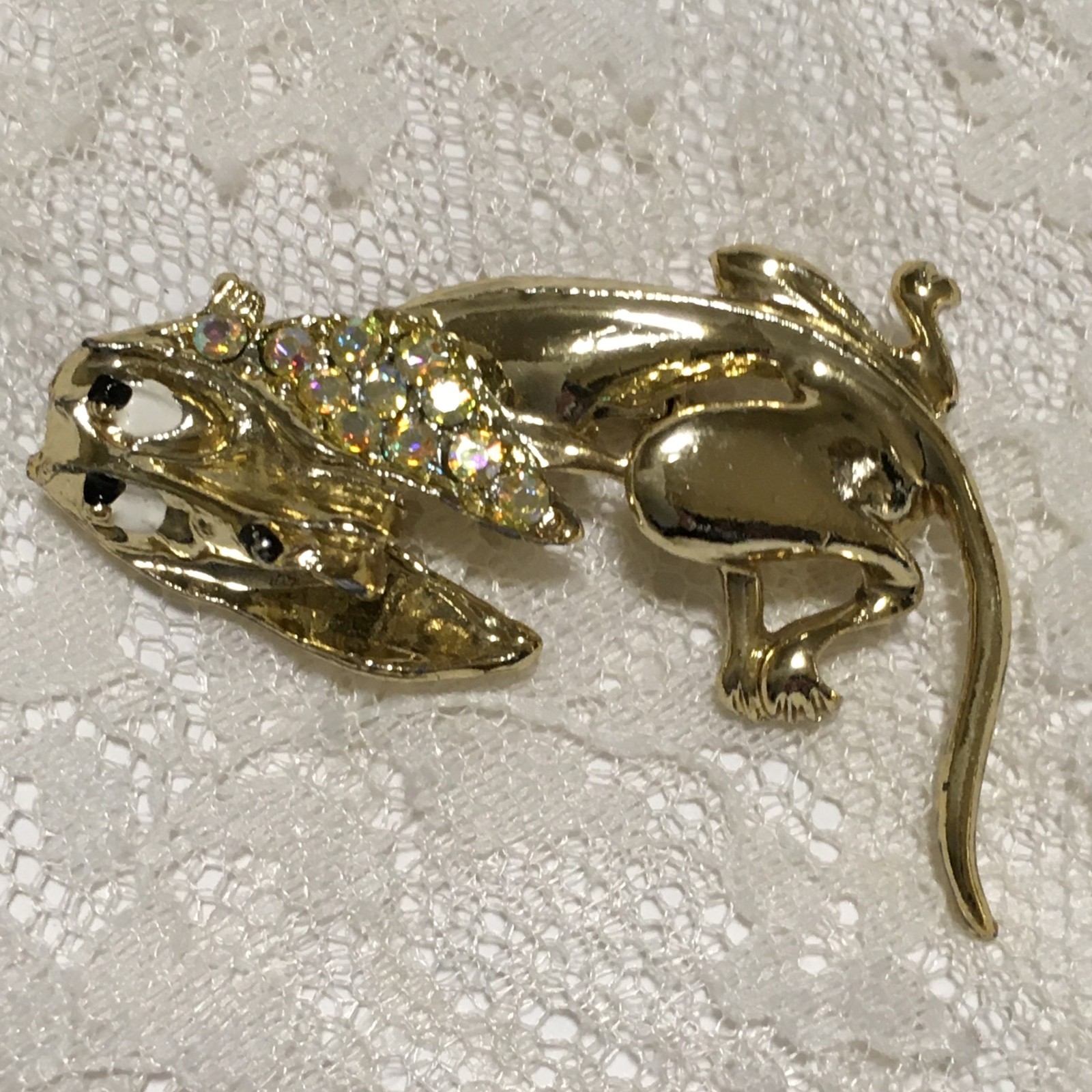 Vintage Dog Brooch Blood hound Gold Tone AB Rhinestone Ears Enamel Eyes