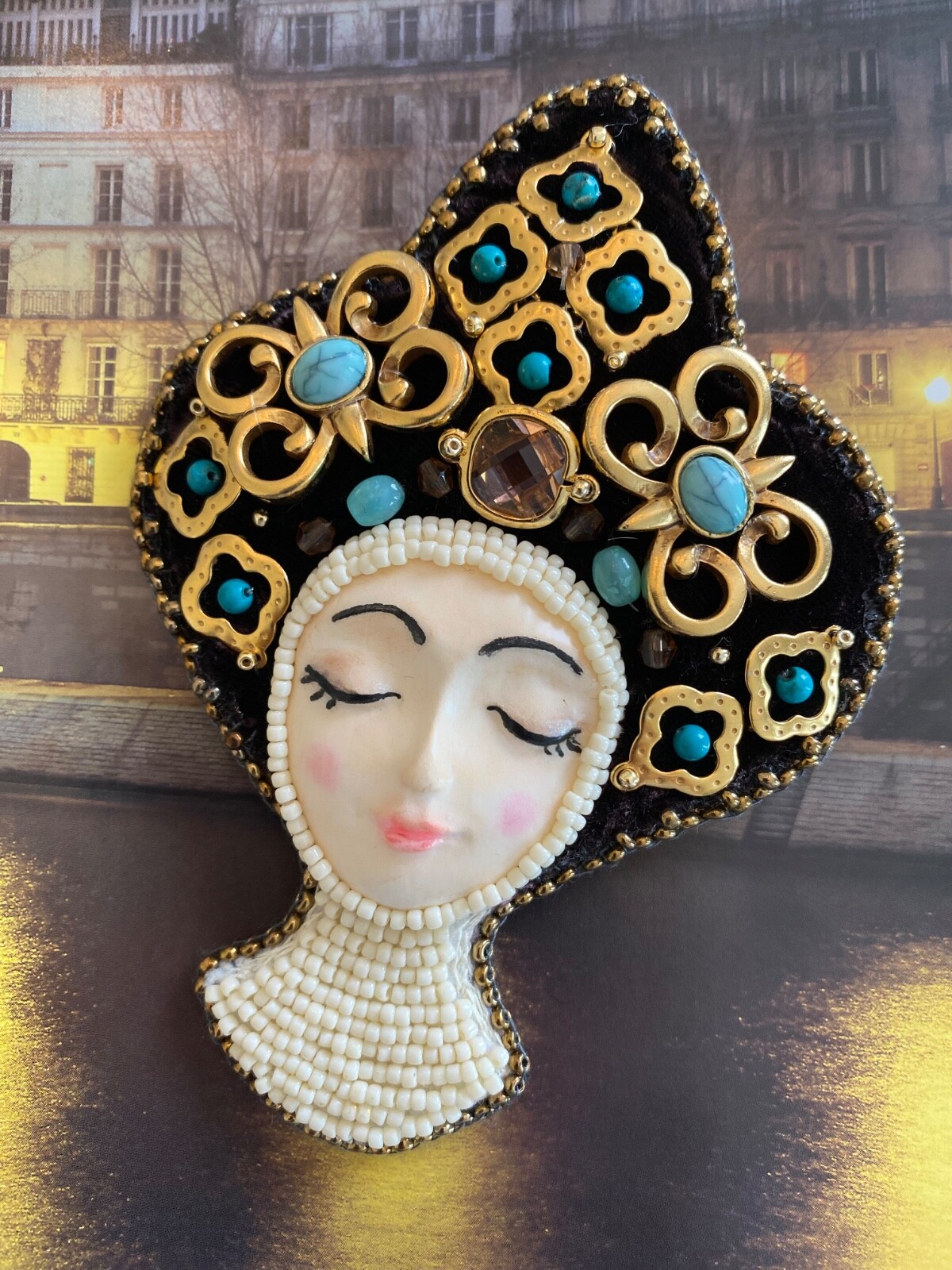Brooch Art Doll Princess Beaded Turquoise