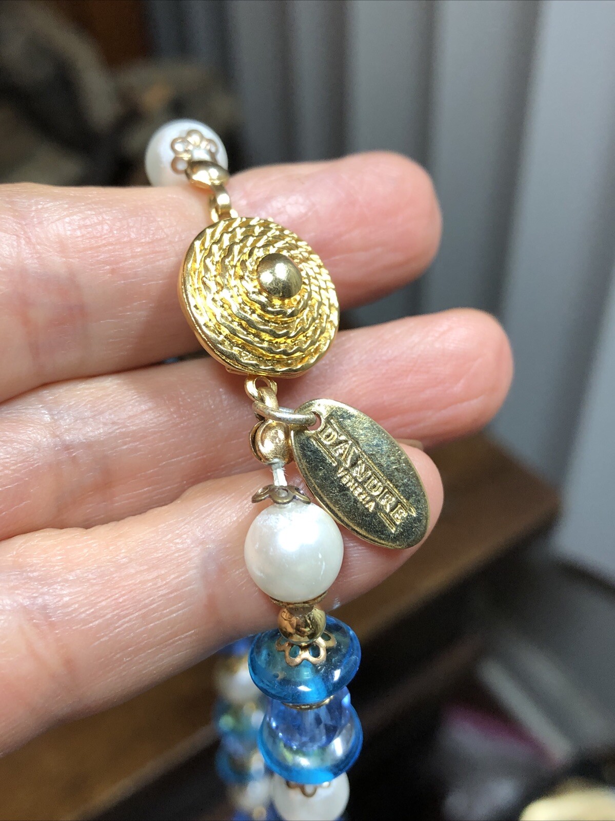 20. DAndre Venezia Gold tone Spacer Pearl Blue Yellow Glass bead Necklace 28″