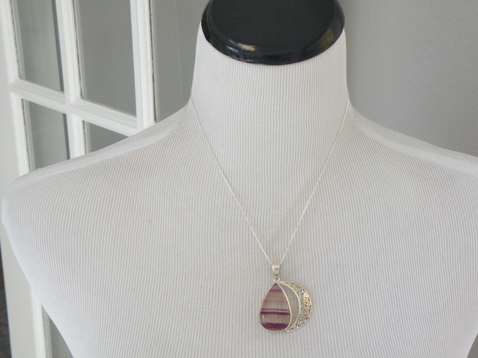 Large Sterling Silver 925 Fluorite Crescent Moon Pendant Necklace