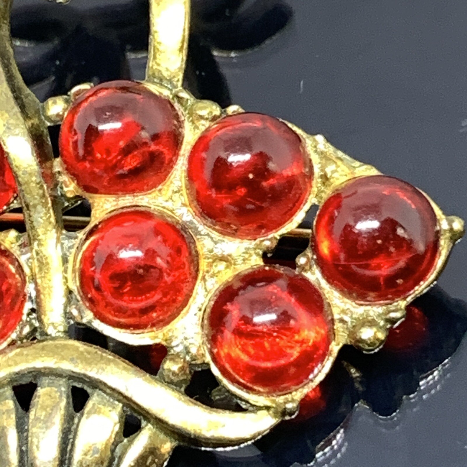 Antique Basket Brooch Red Poured Glass Gripoix Cabochons 1920s 1930s Cherries