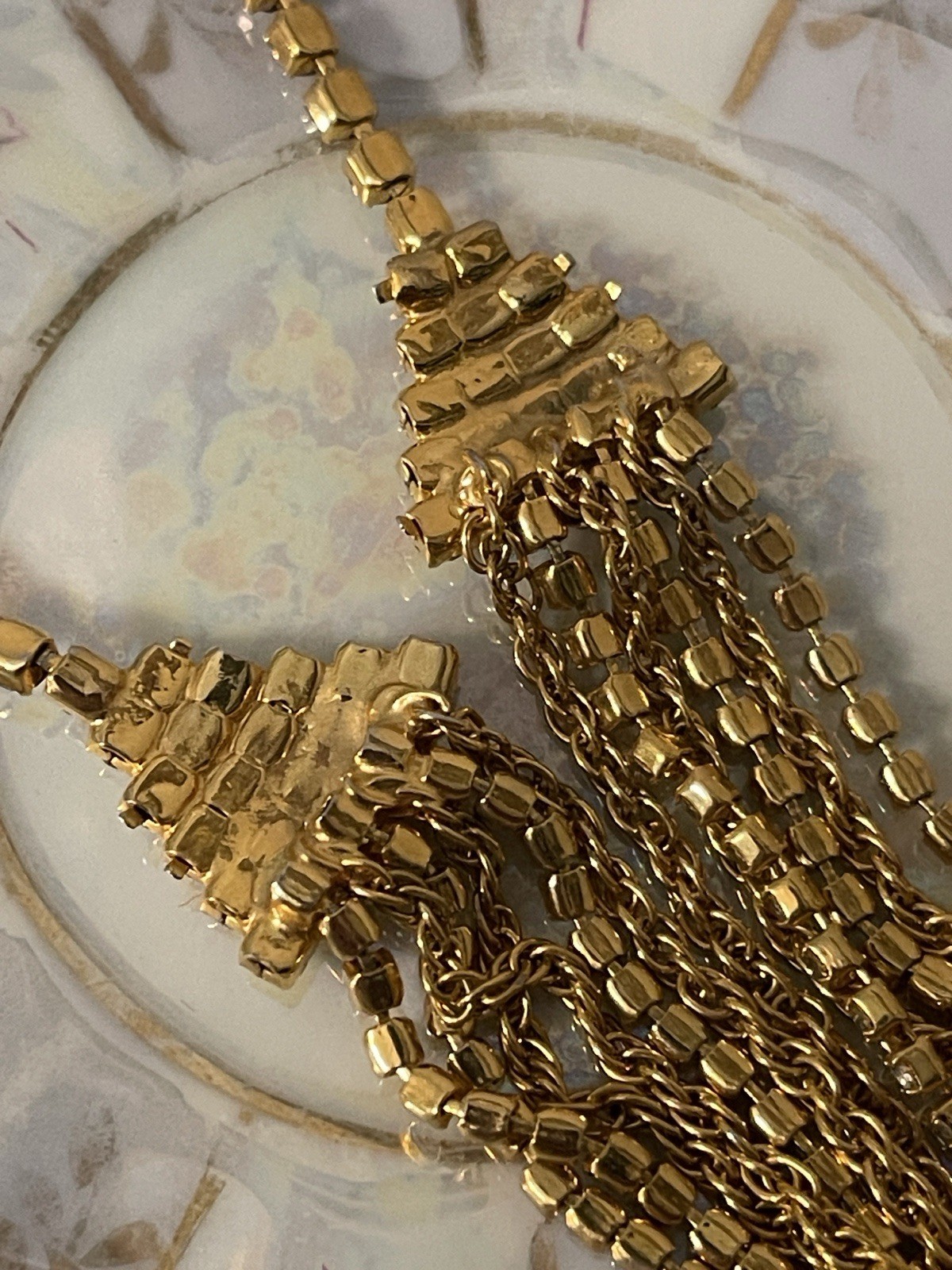 Vintage Multi-Strand Waterfall Rhinestone & Gold Chain Statement Necklace