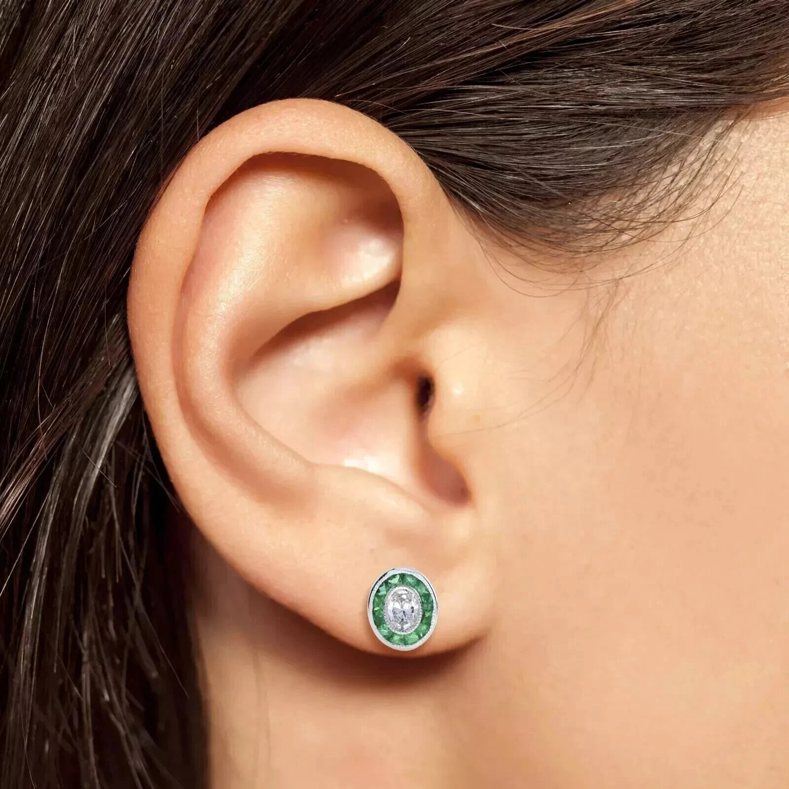 Art Deco Vintage Lab Created Emerald Diamond Antique Earring 14KWhite Gold FN