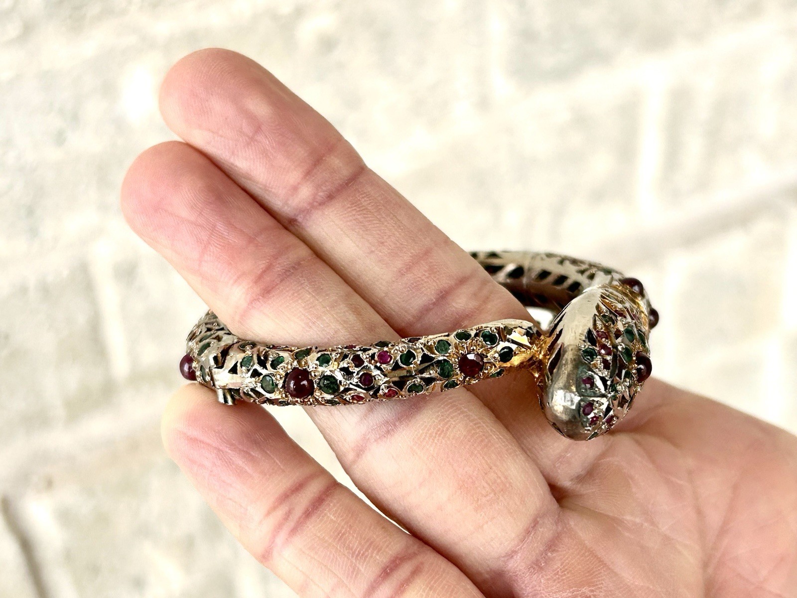 Antique Mughal Ruby Emerald Sterling Snake Bracelet Jewels Of India