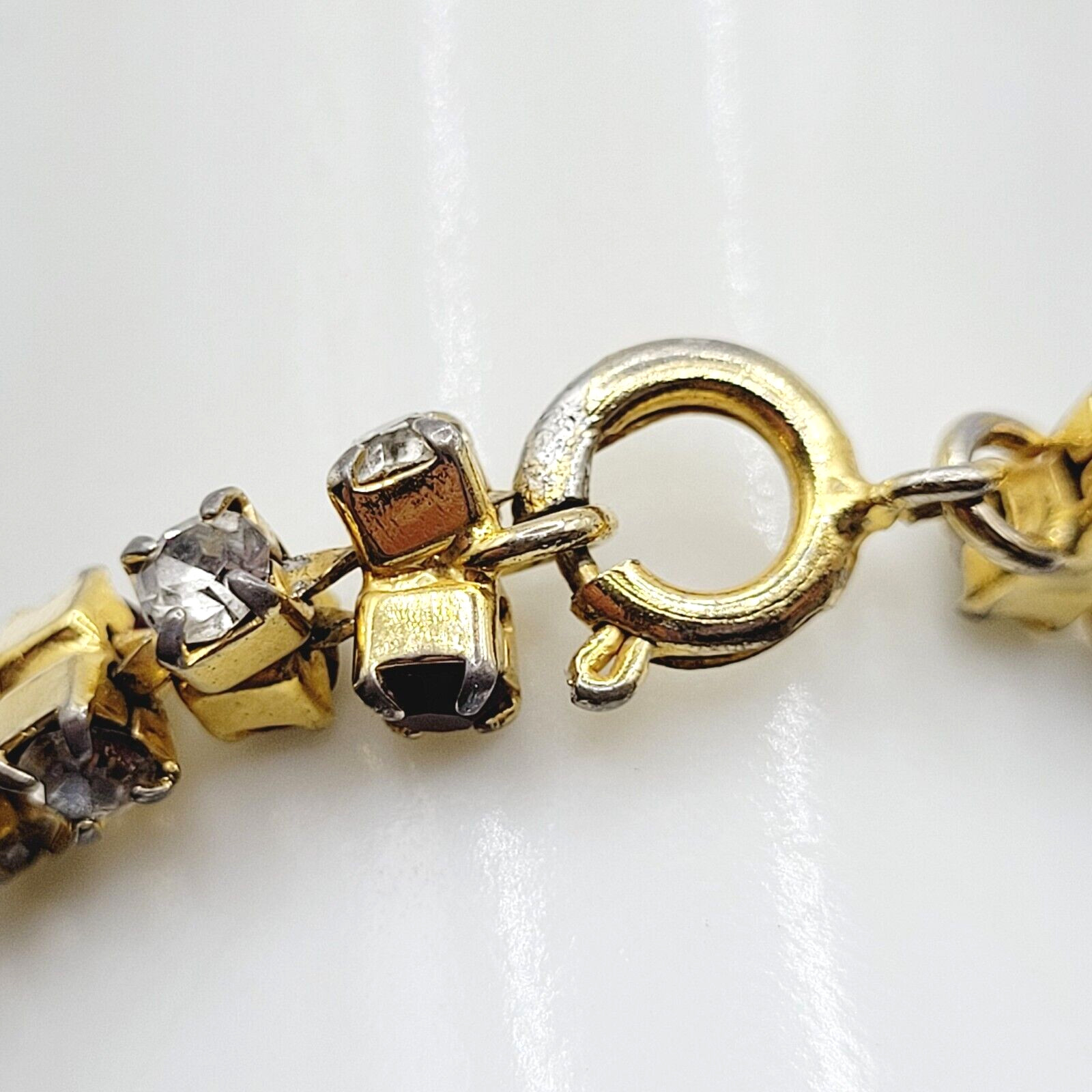 Unique Slightly Brutalist Style Gold Plated Bracelet Red White Rhinestone 7.5 In