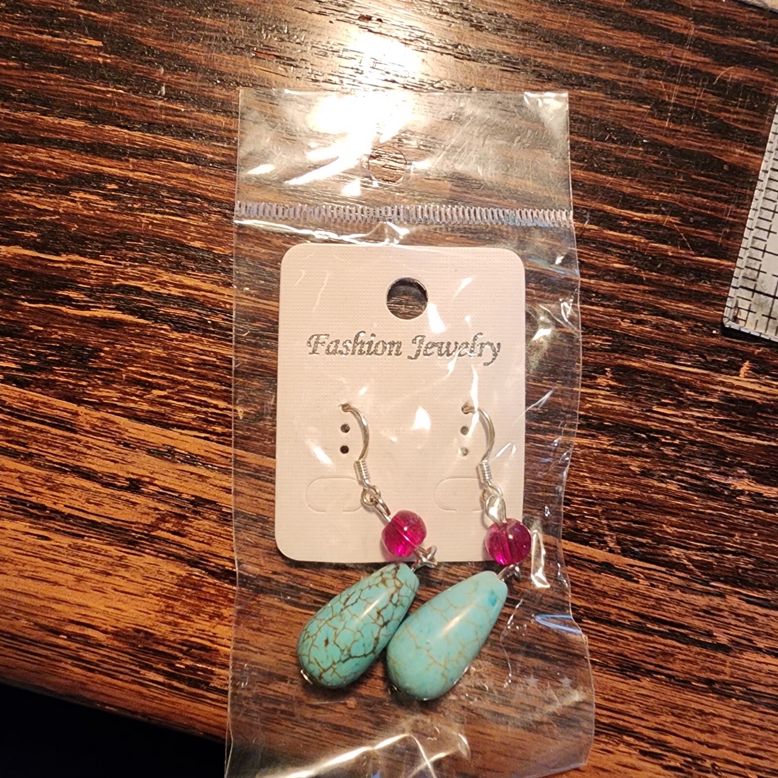 Fashion Jewelry Faux Turquoise Red Bead Dangle Earrings NOS