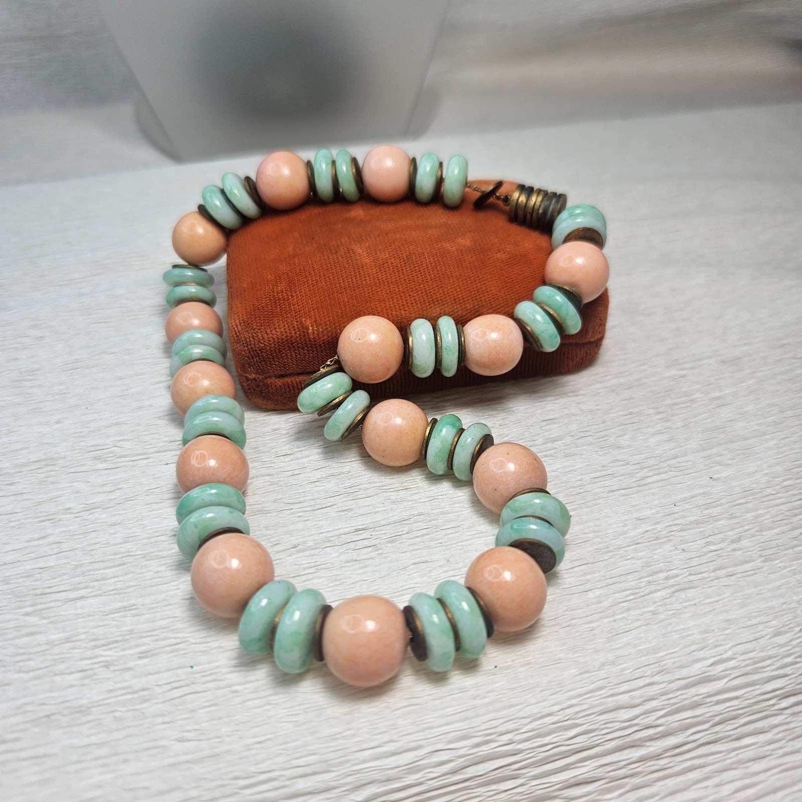 Confirmed ROUSSELET Peach & UV Marbled Green w Brass Discs Glass Bead Necklace