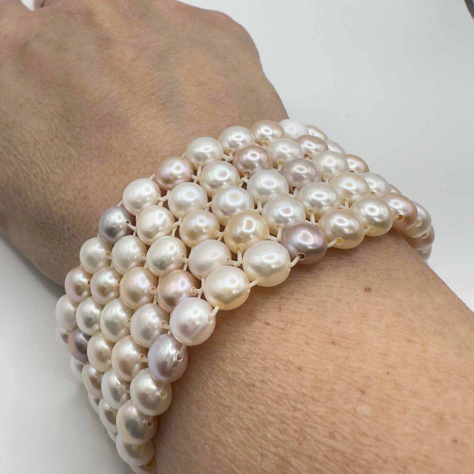 Freshwater Cultured Pearl Bracelet 5 Strand Pink White Lavender Stretch Woven