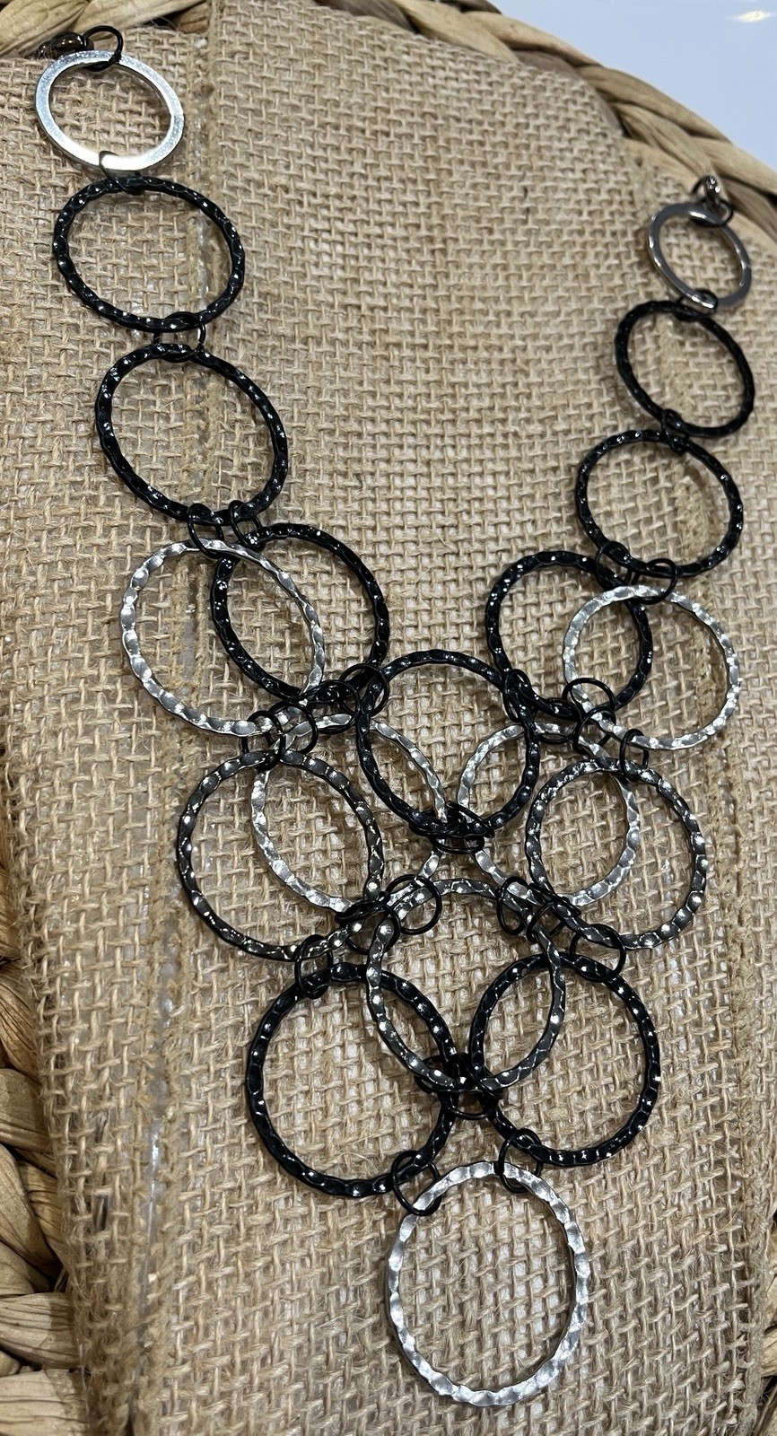 Modernist Hammered Circle Collar Torque Necklace Black Silver Tone Waterfall