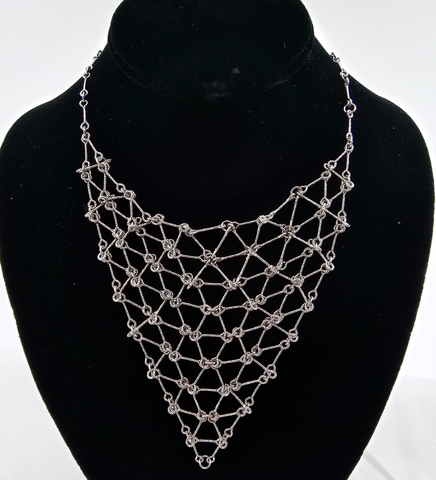 Vintage Silver Tone Waterfall Necklace Mesh Chainmail Bib and Ornate with Knots