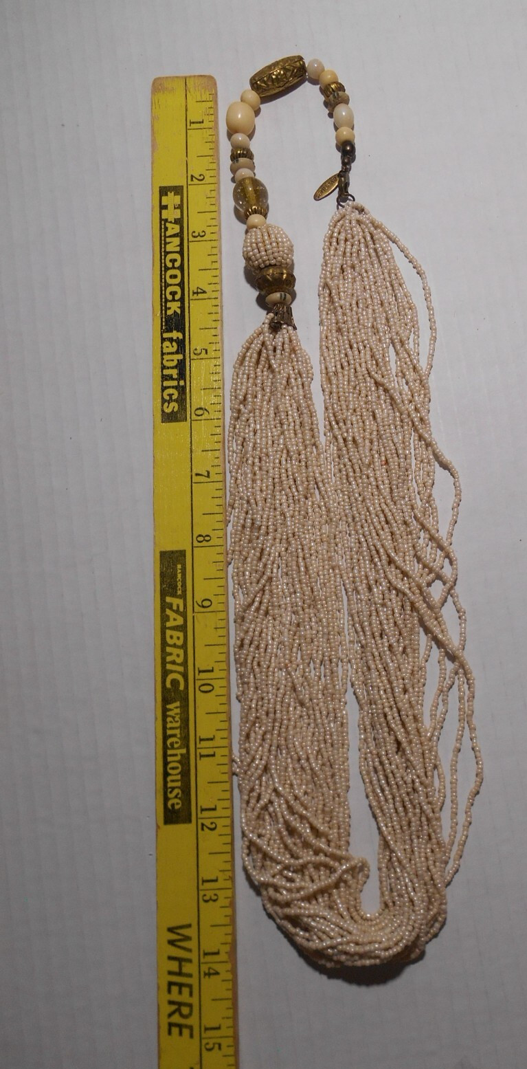 VTG AVENUE Multi Strand Beige Glass Micro Bead Bone Stone & Metal Necklace 28″