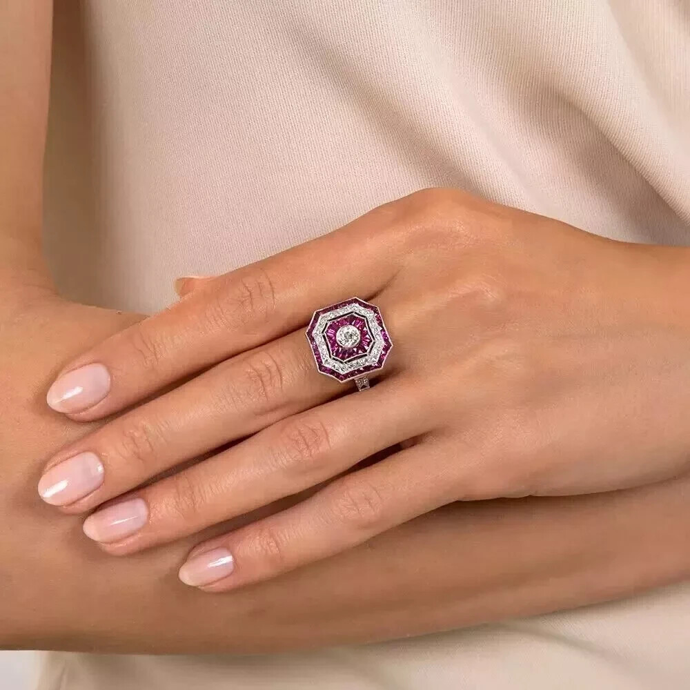 Art Deco Style Round Cut Lab Created Diamond Ruby Wedding 14K White Gold FN Ring