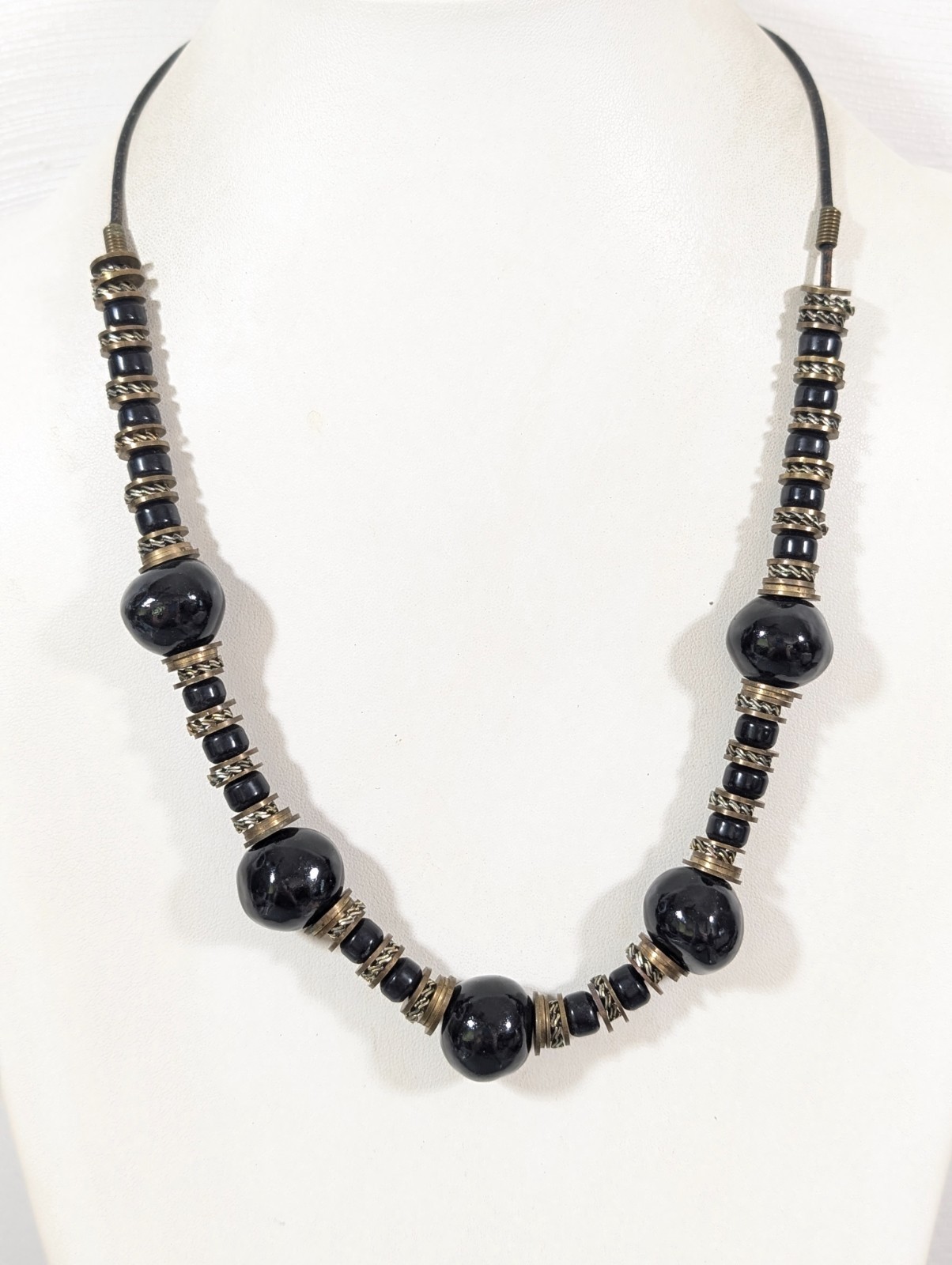Vintage Black Ceramic Necklace Chunky Beads Bronze Tone Statement Tribal 25 in