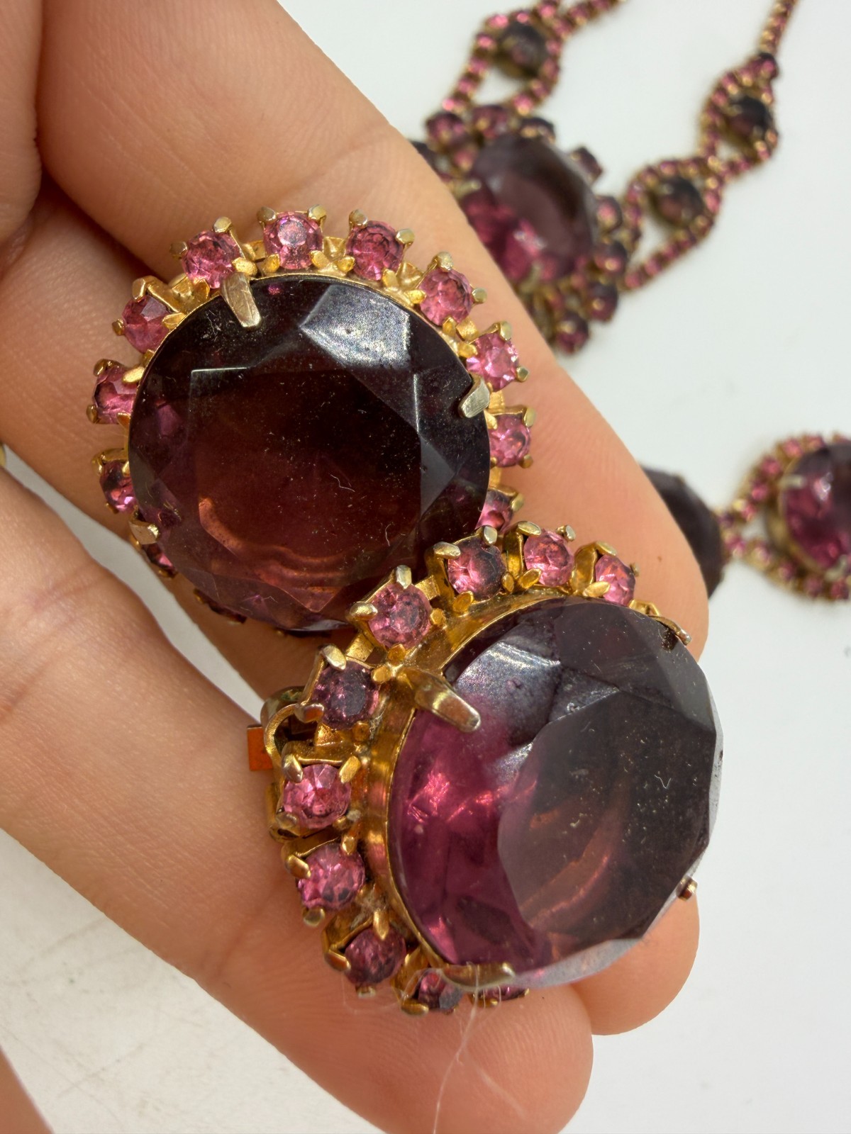 Vintage Necklace Purple Round Stoplight Clip Earrings Bracelet Set PJ