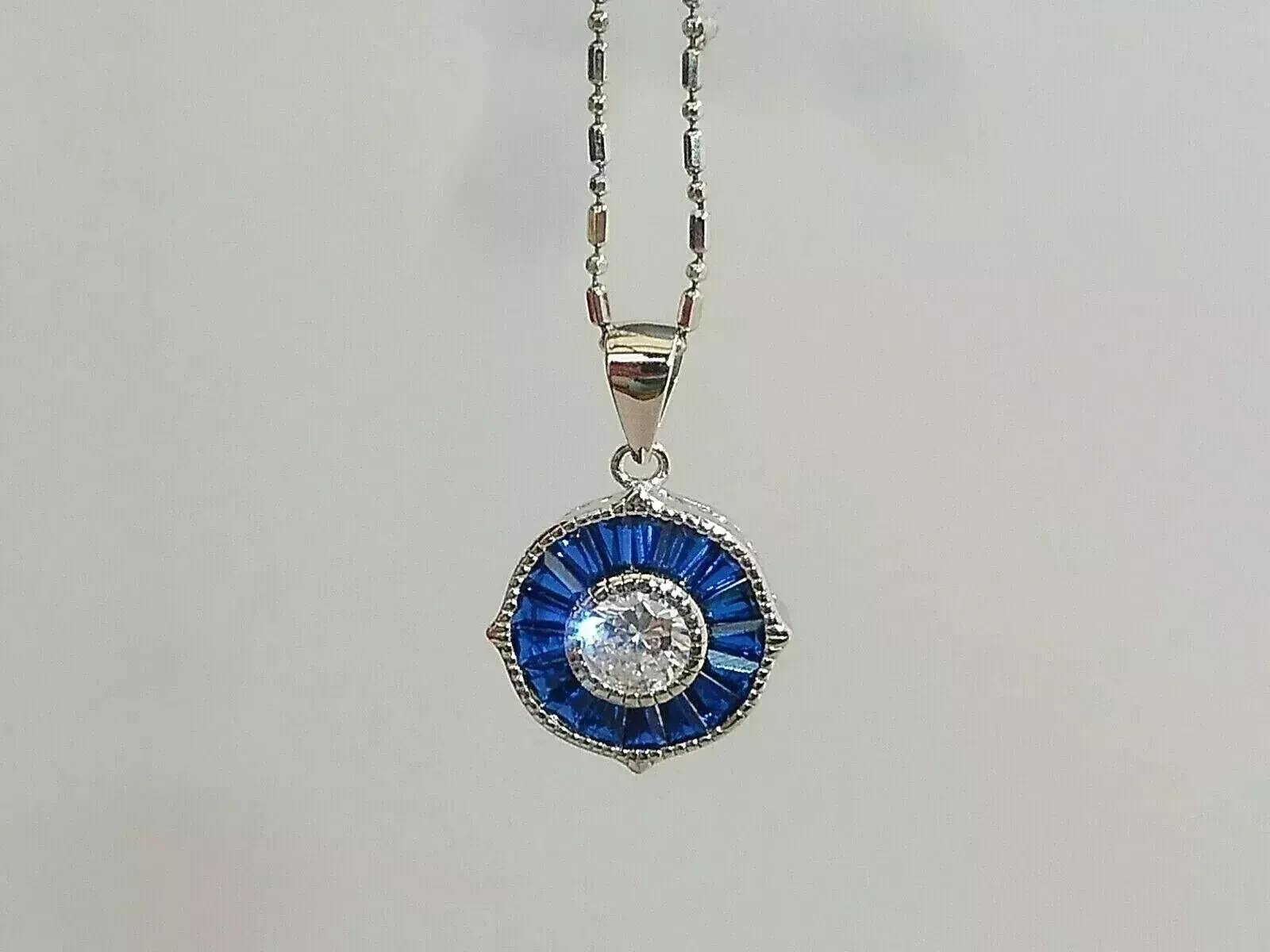 Art Deco Style Lab Created Diamond Sapphire Engagement 14K White Gold FN Pendant