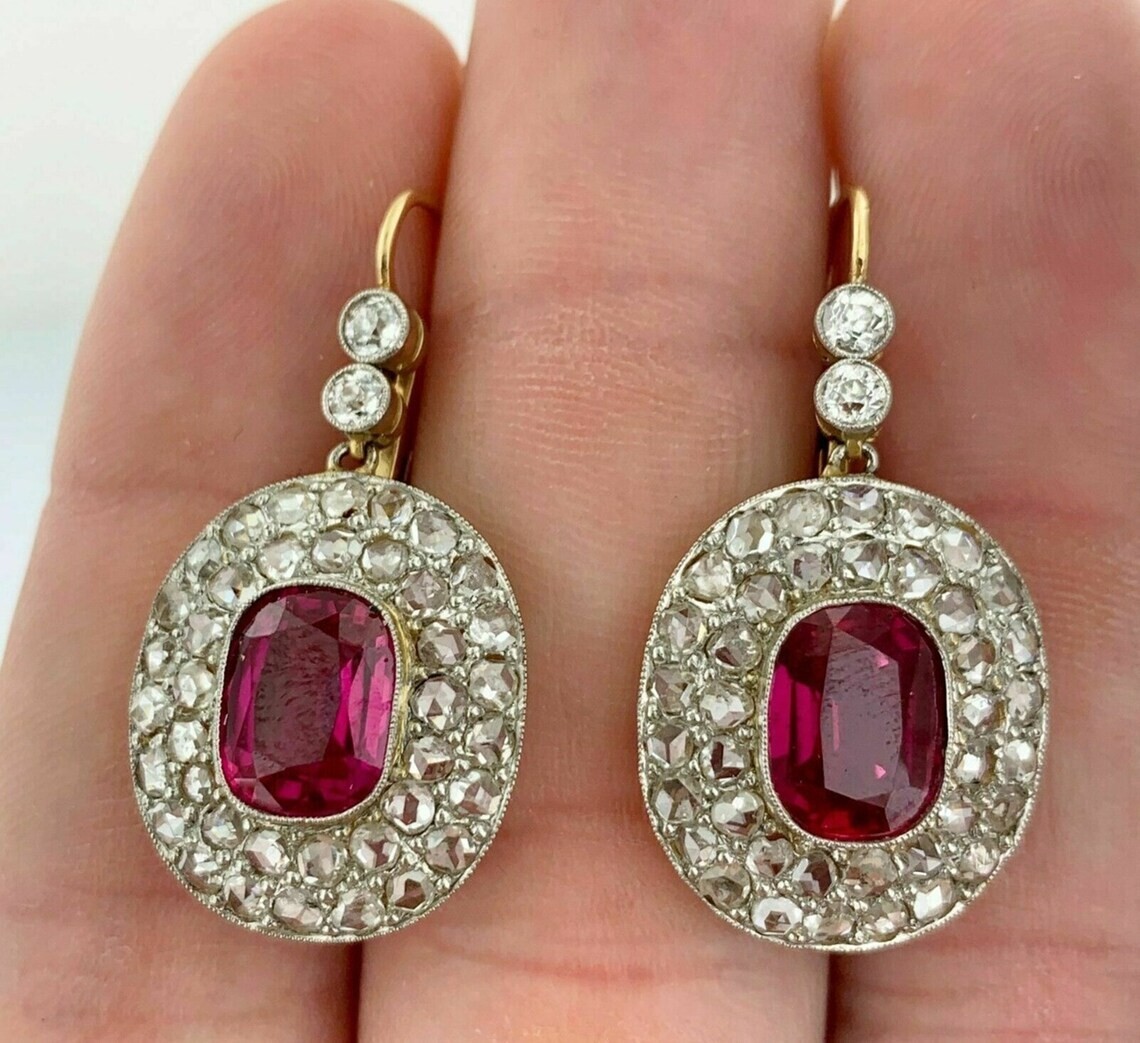 Cushion Cut Ruby & Lab Created Diamond Double Halo Wedding Gold Finish Earrings