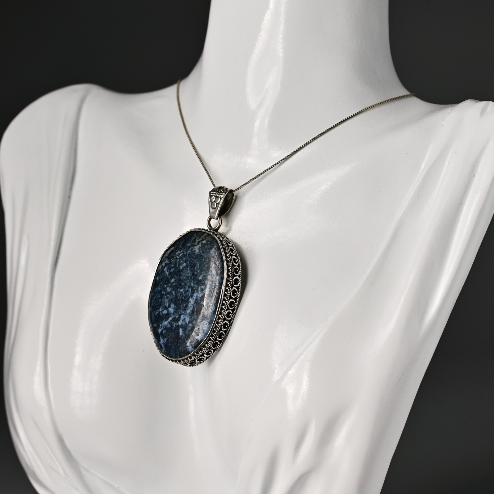 Vintage Original Sterling Silver Dumortierite Gemstone Pendant Estate Necklace