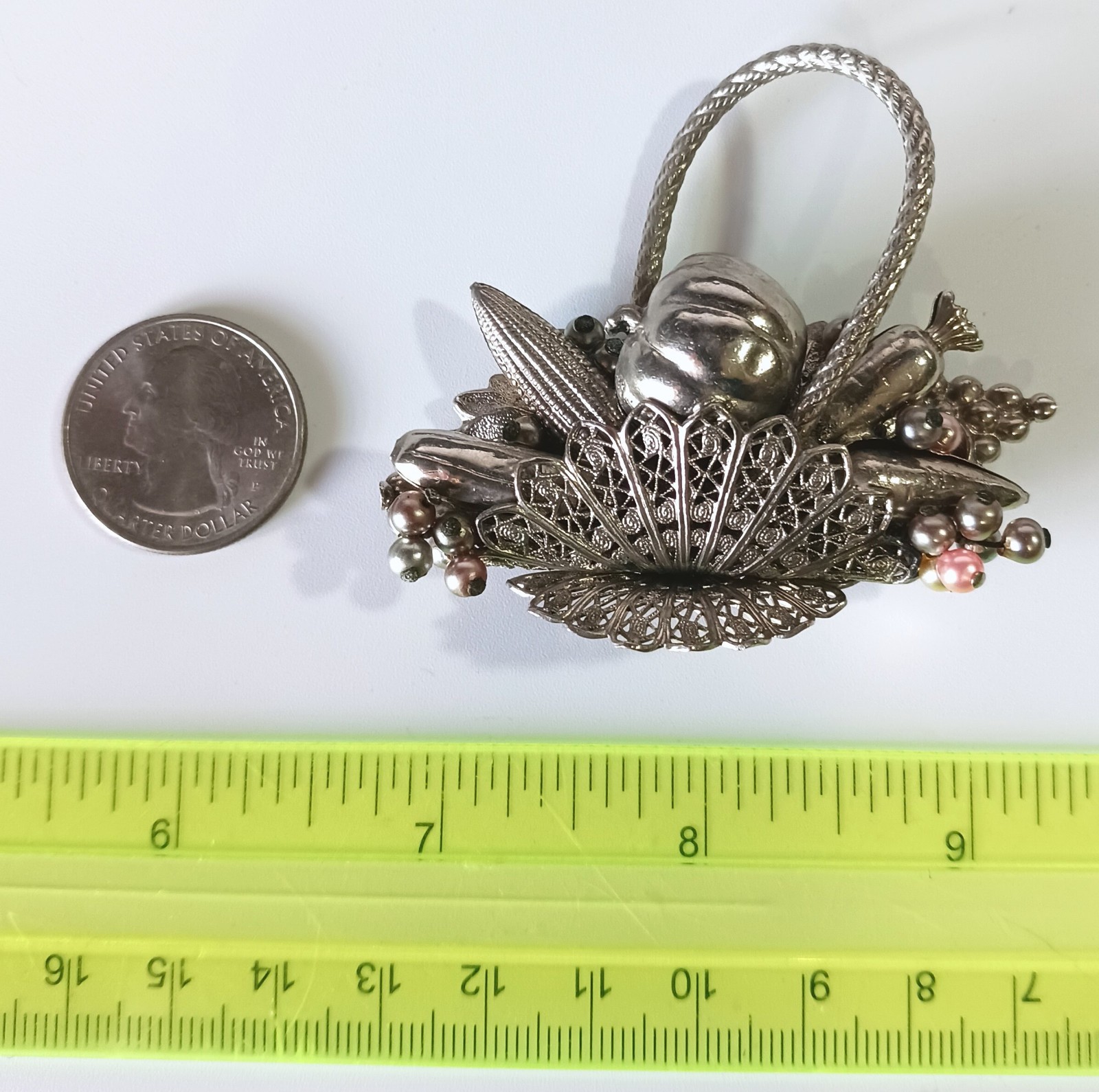 Unusual Ornate Silver-tone Vintage Harvest Veggie & Fruit Basket Brooch