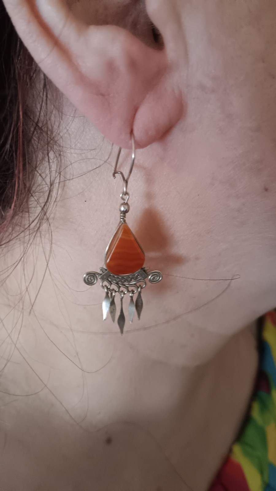 Vintage Sterling Silver 925 Banded Orange Agate Dangle Earrings