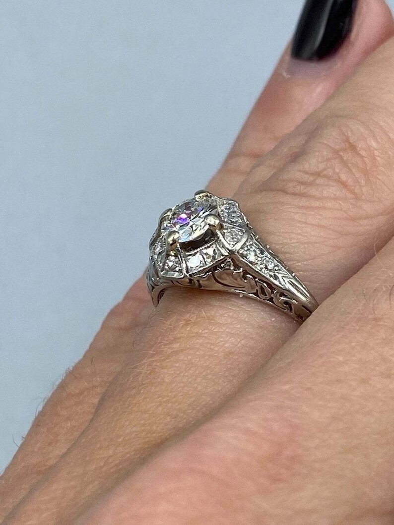 Art Deco Vintage Round Cut Lab Created Diamond 925 Silver Engagement Bridal Ring