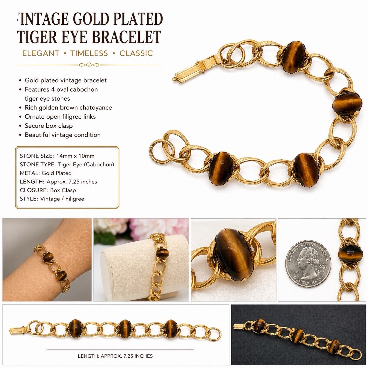 Vintage Gold Plated Filigree Engraved Bracelet Tiger Eye Cabochon 7 1/4”