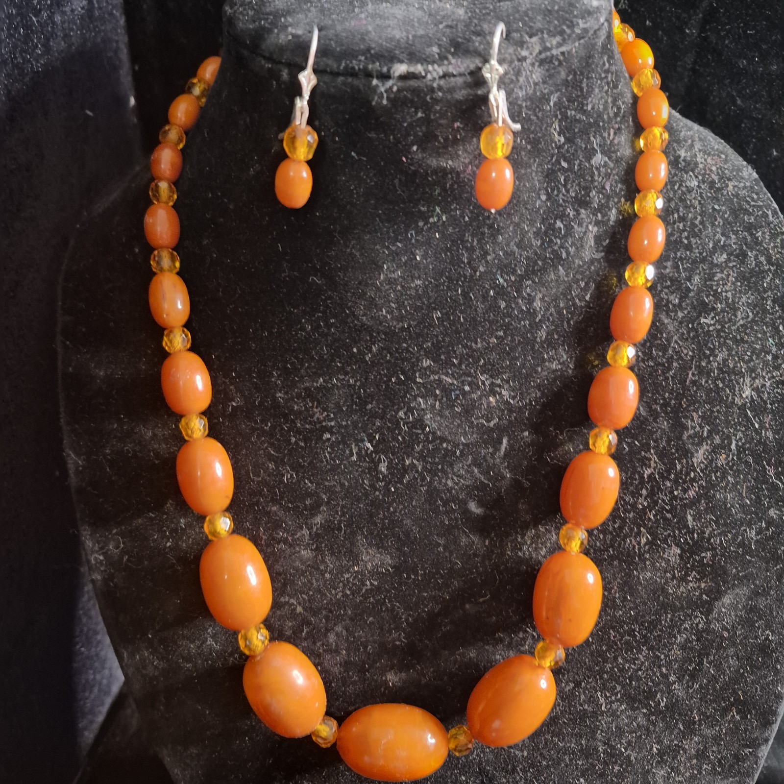 Vtg Butterscotch Bakelite Beeded Necklace and Earrings Set Sterling Silver Clasp